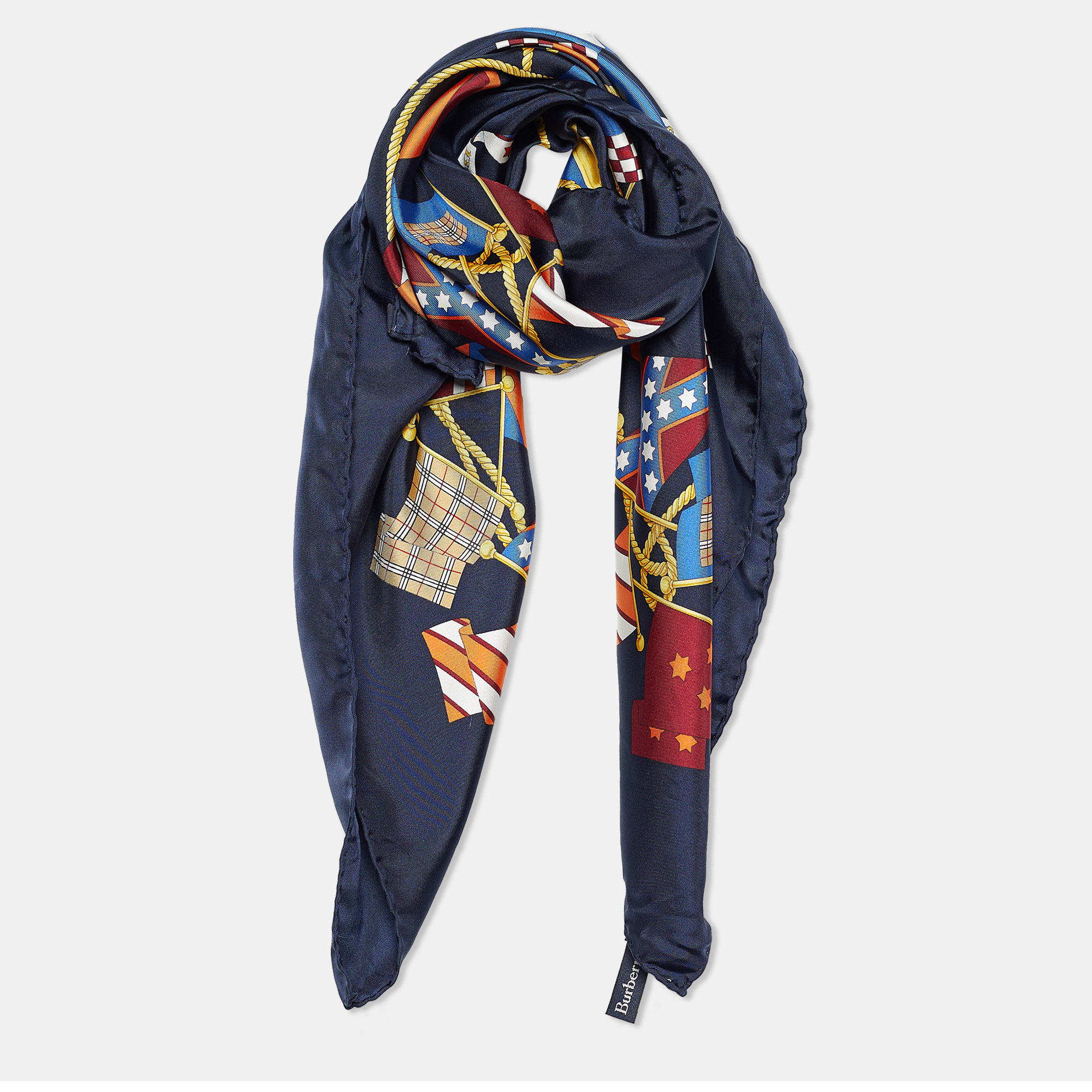

Burberry Vintage Flags Print Silk Scarf, Navy blue