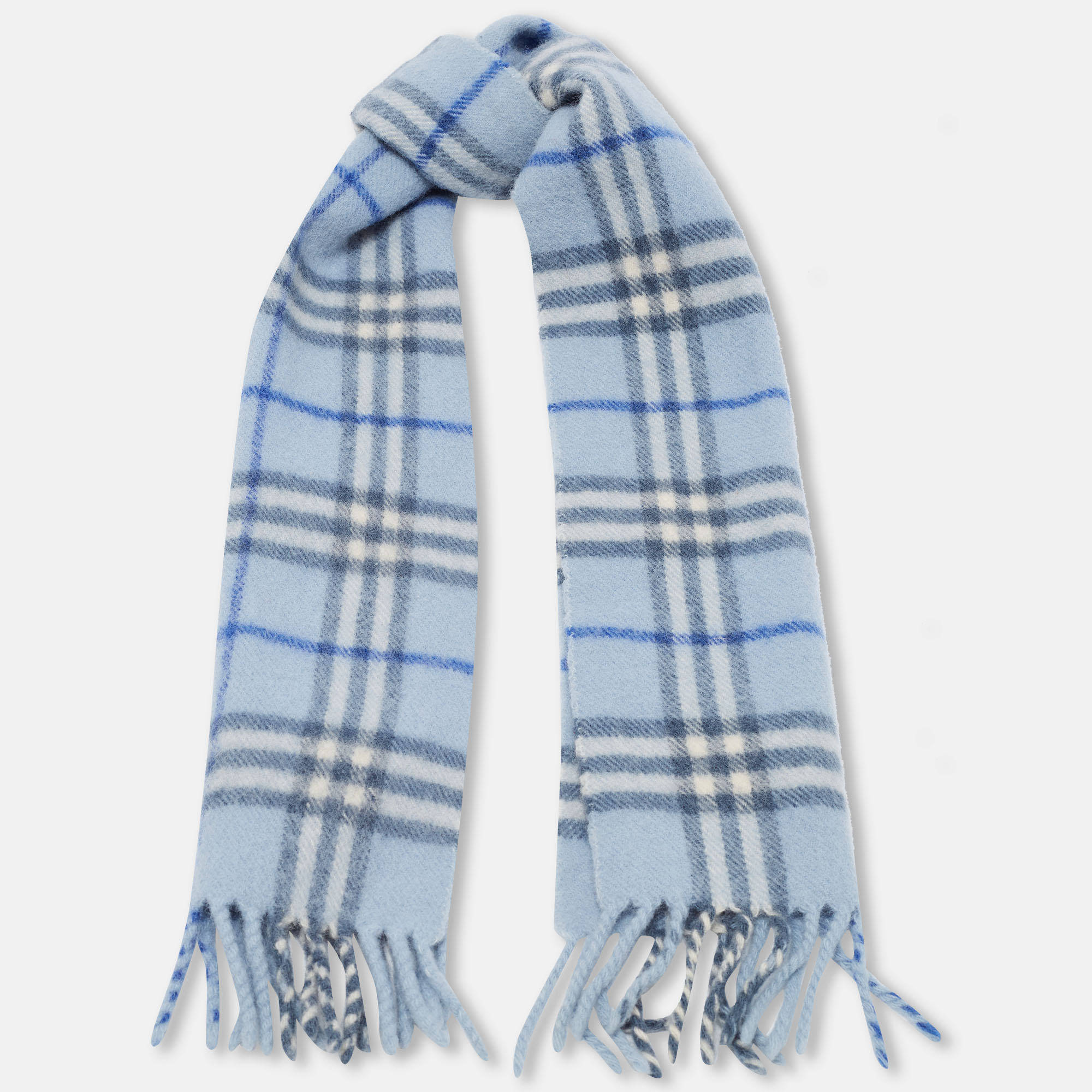 

Burberry Light Blue Vintage Check Lambswool Fringed Muffler