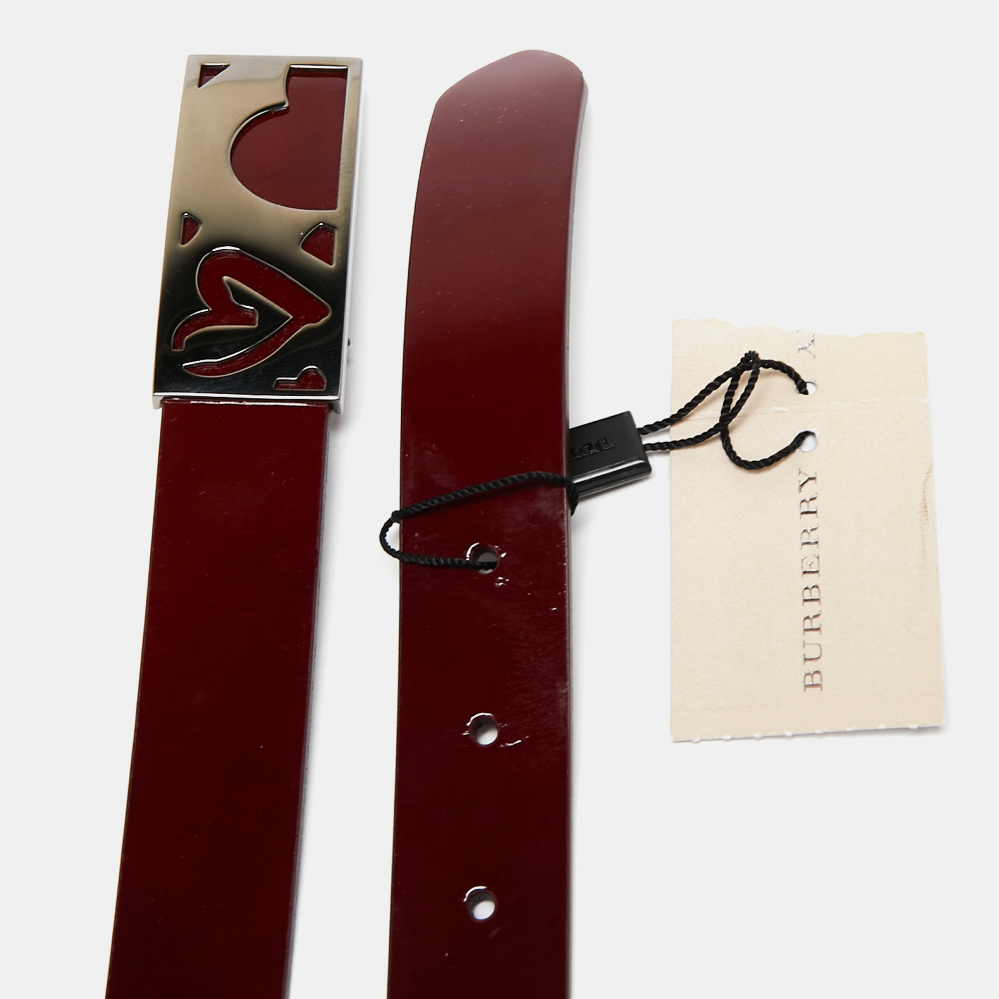 

Burberry Maroon Patent Leather Heart Buckle Belt, Red