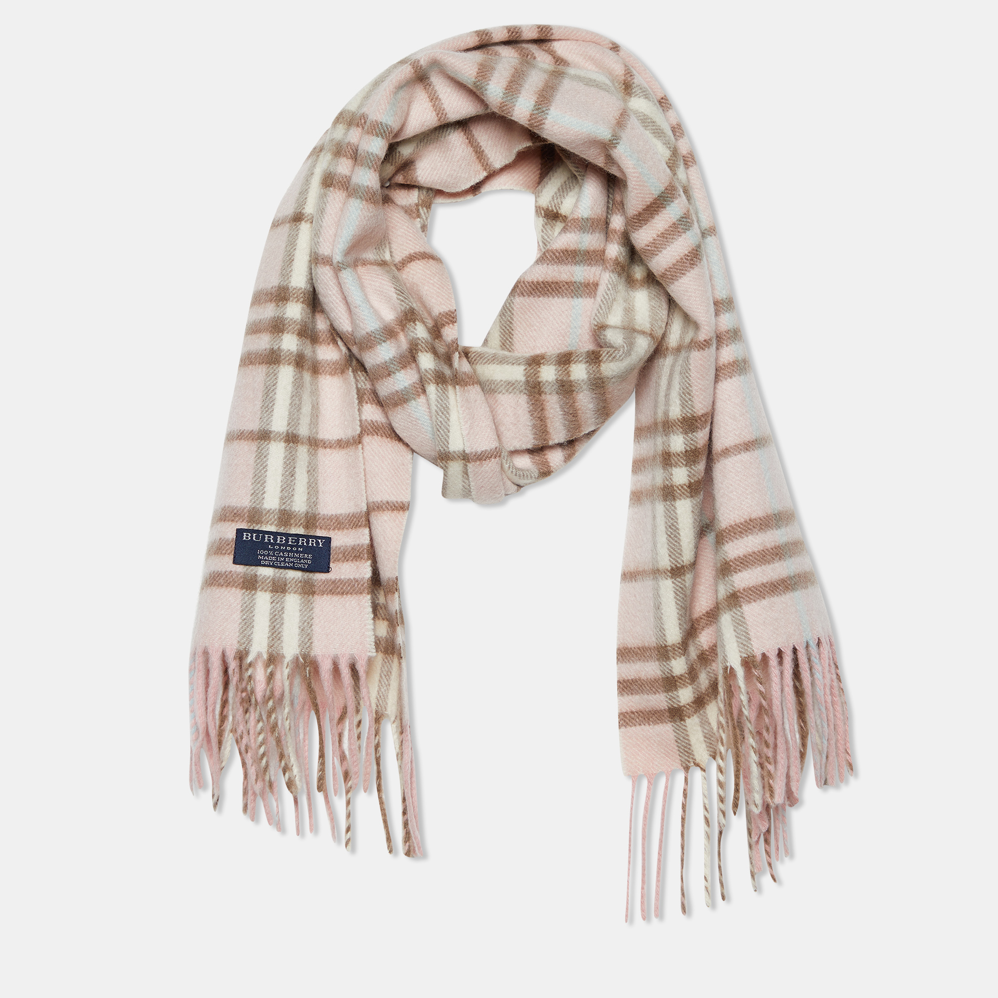 

Burberry Light Pink Checked Cashmere Fringe Stole