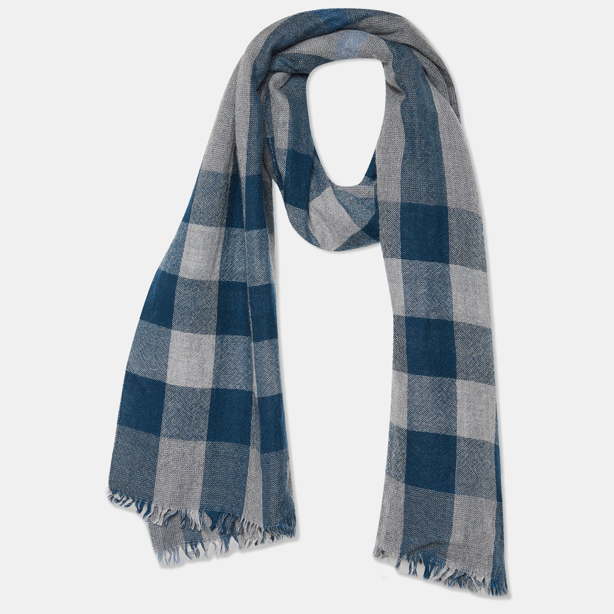 

Burberry Grey & Blue Nova Check Fringed Gauze Scarf