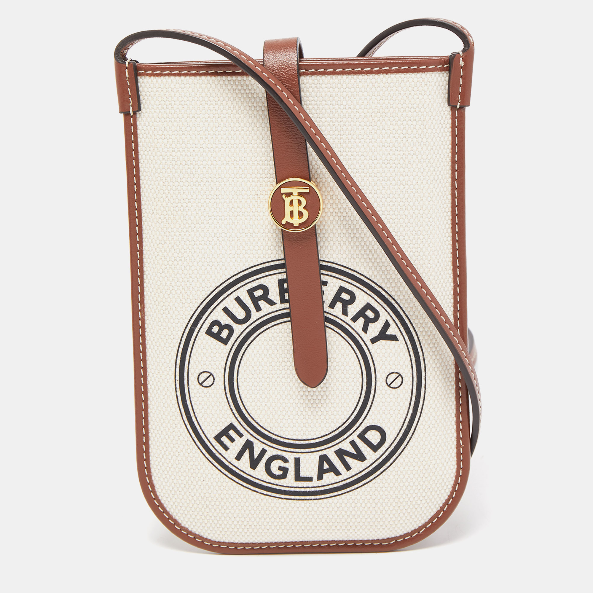 Pre Owned Burberry Off White/Brown Canvas And Leather Anne Phone Case