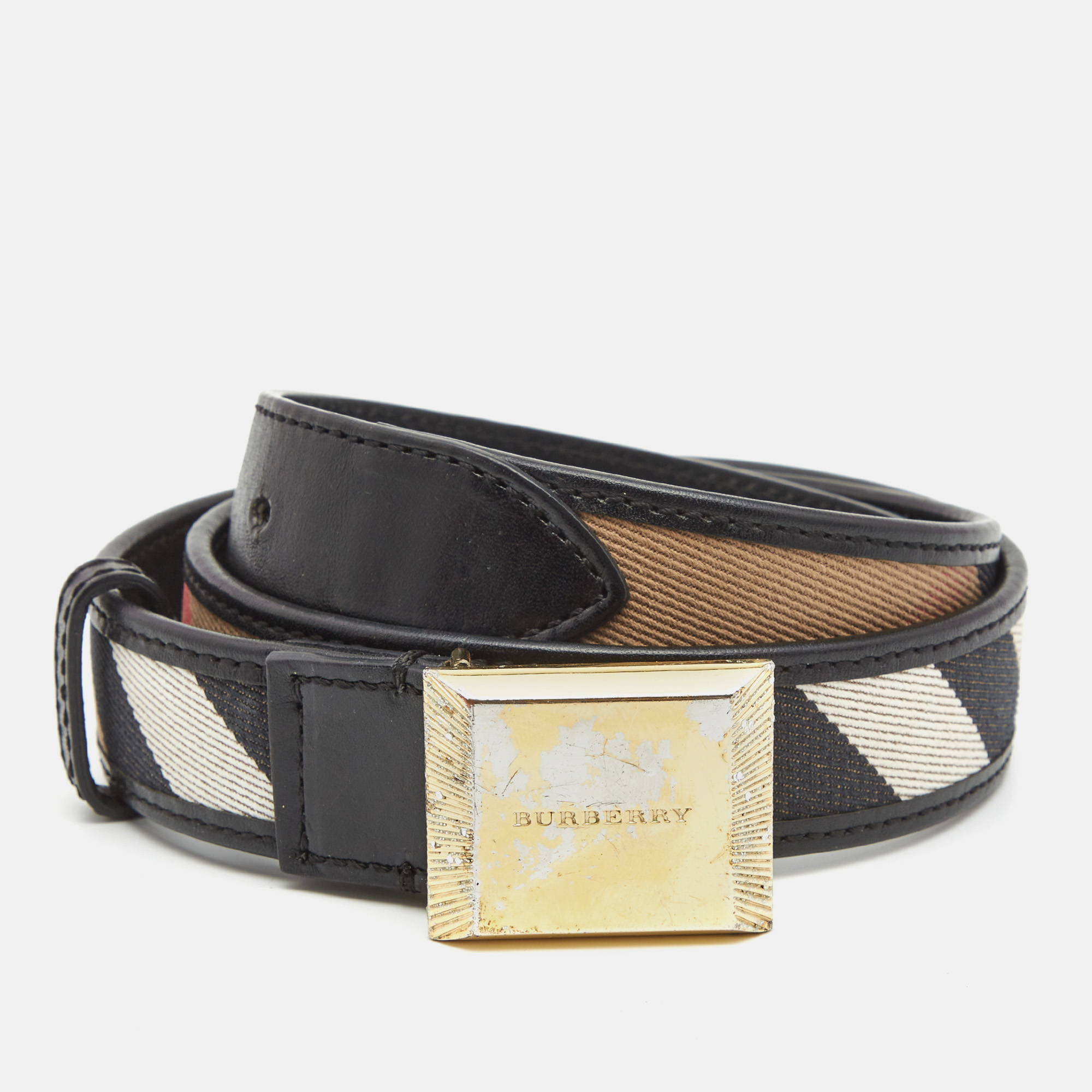 Pre-owned Burberry Black/beige Housecheck Canvas And Leather Square Logo Buckle Belt 85cm