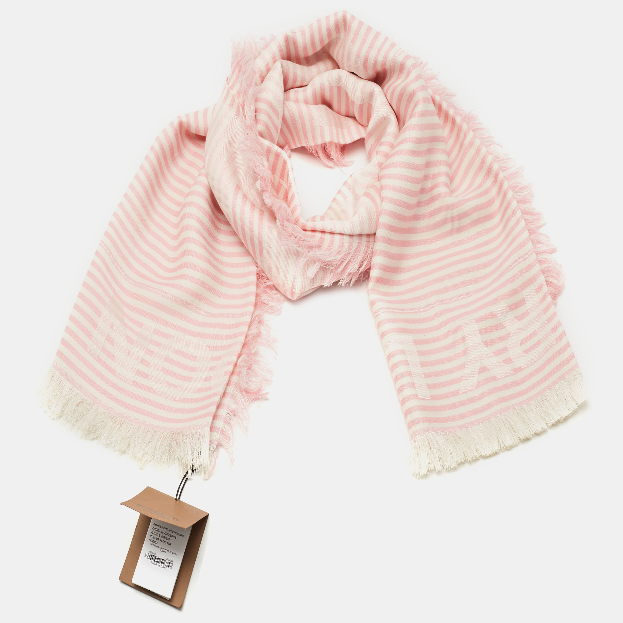 

Burberry Peony Pink Logo Striped Silk & Wool Scarf