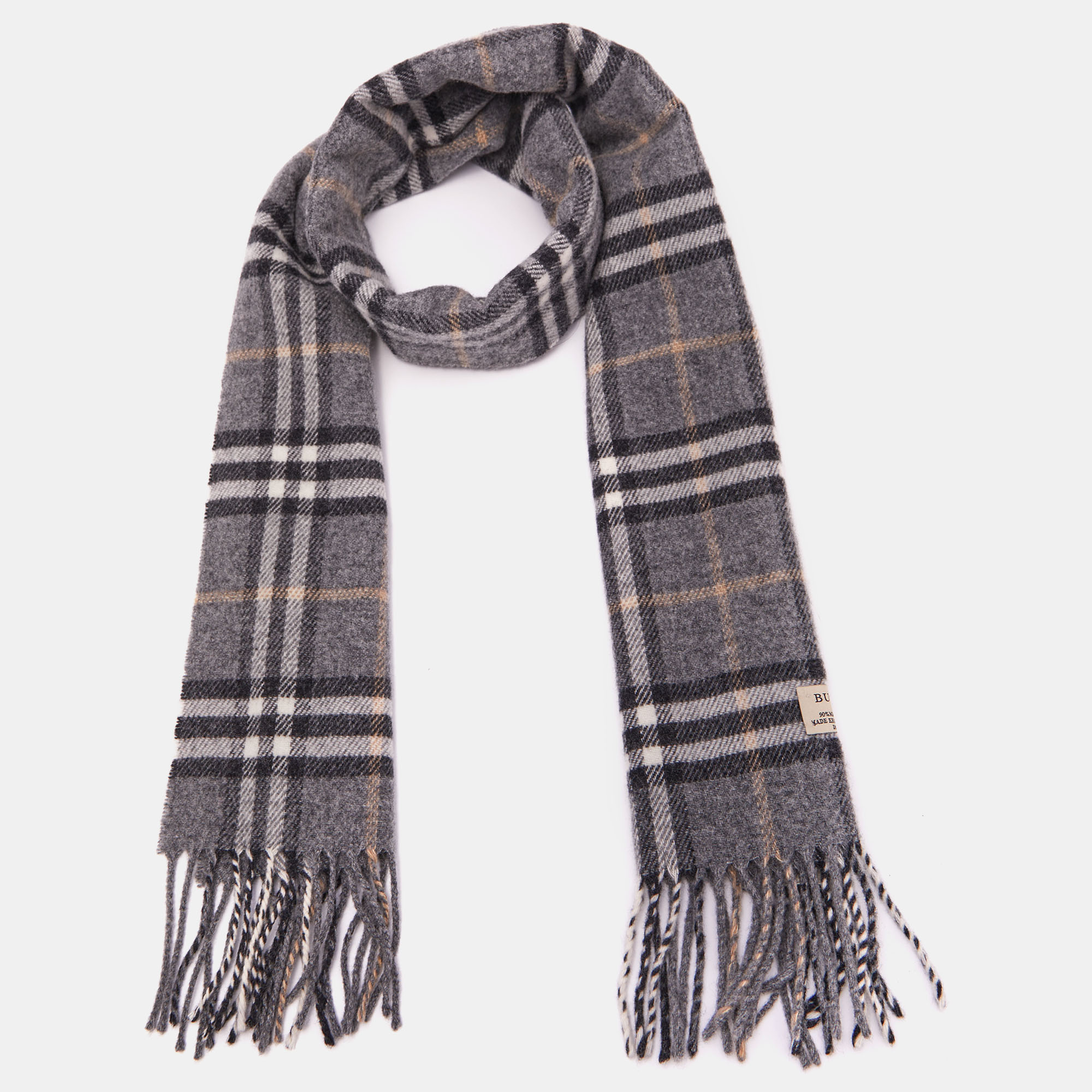 

Burberry Grey Checkered Wool & Cashmere Fringed Scarf