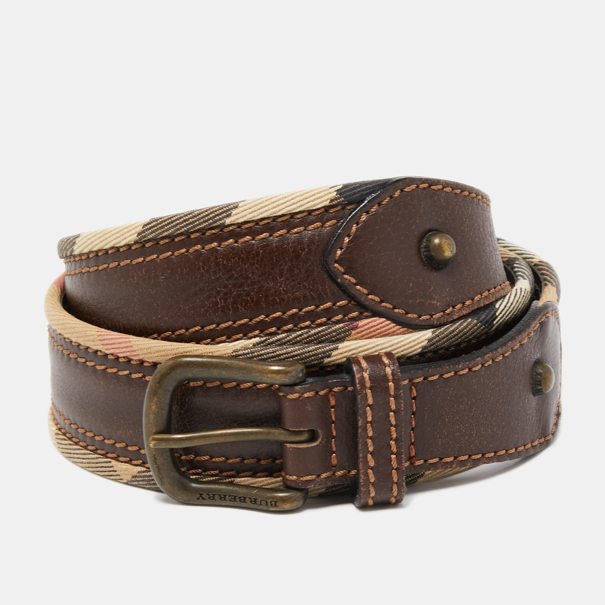 

Burberry Dark Brown/Beige Check Canvas and Leather Buckle Belt