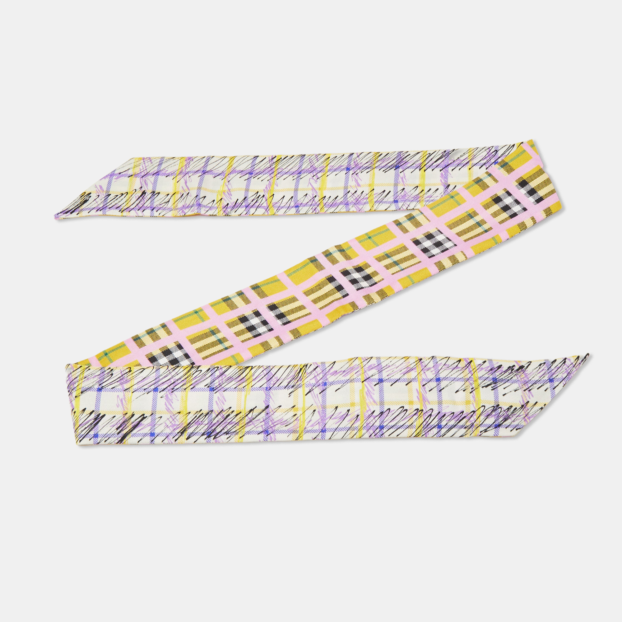 

Burberry Yellow Scribble & Check Printed Silk Twilly