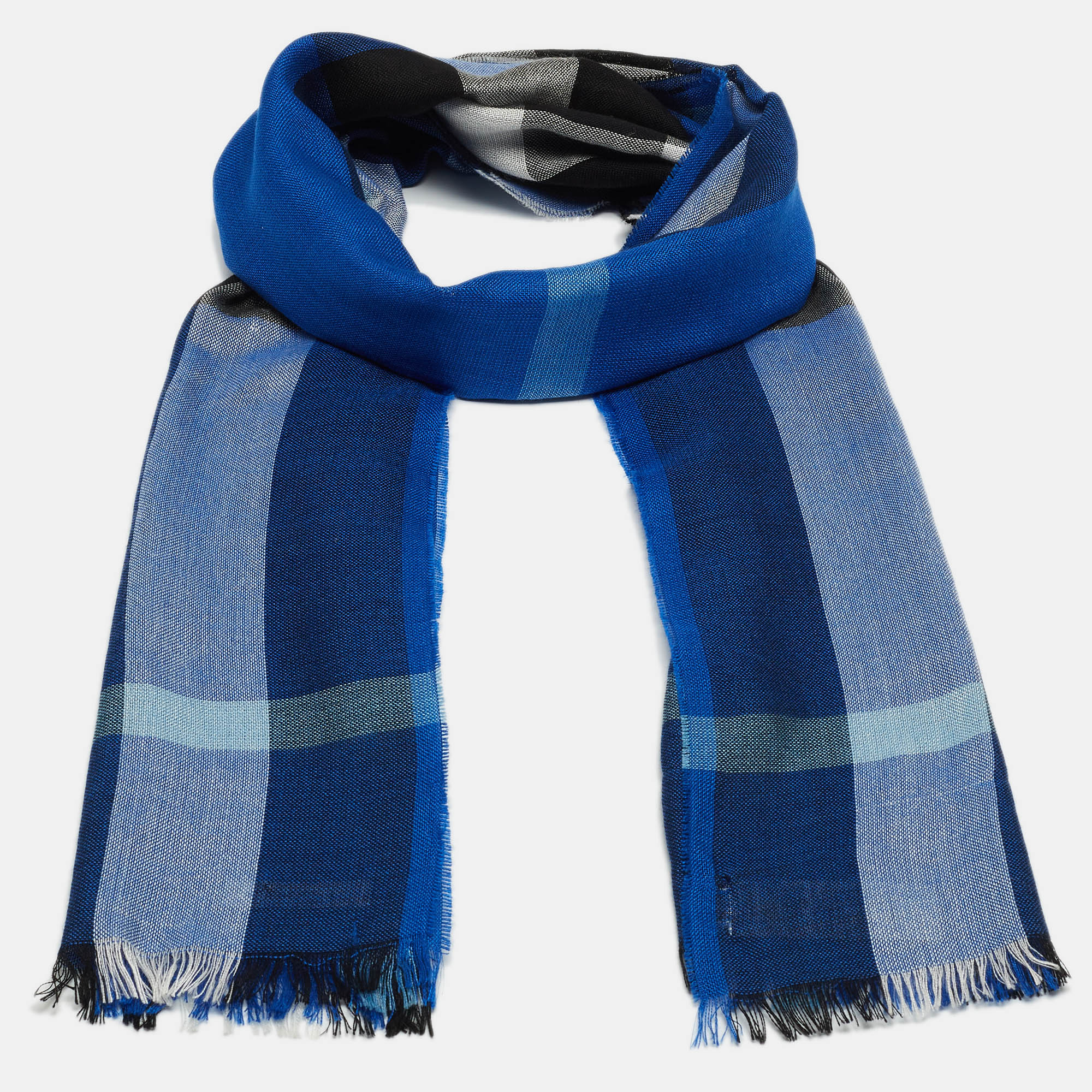 

Burberry Blue Checkered Silk & Cashmere Fringed Shawl