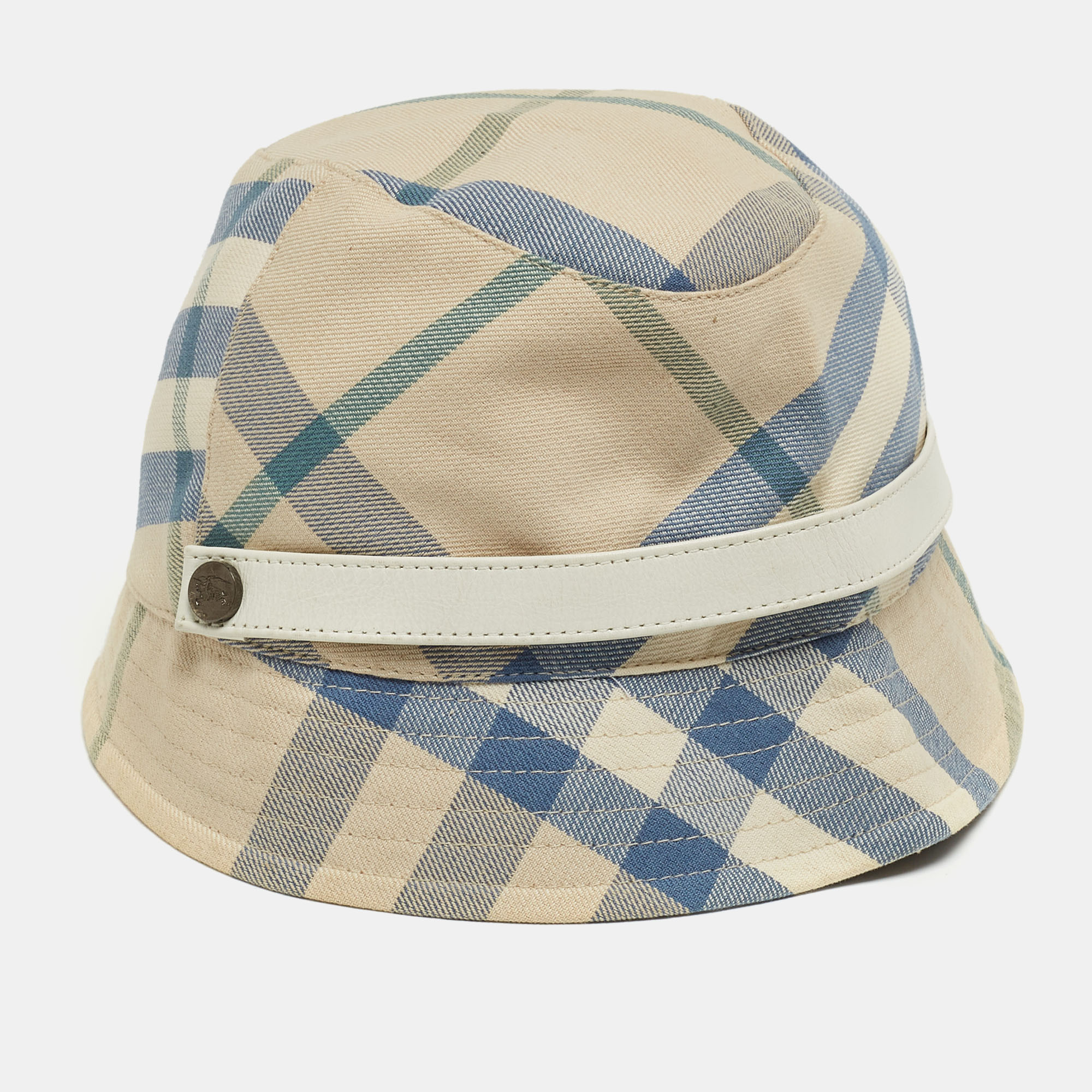 Pre-owned Burberry Beige & Blue Checkered Cotton Bucket Hat M