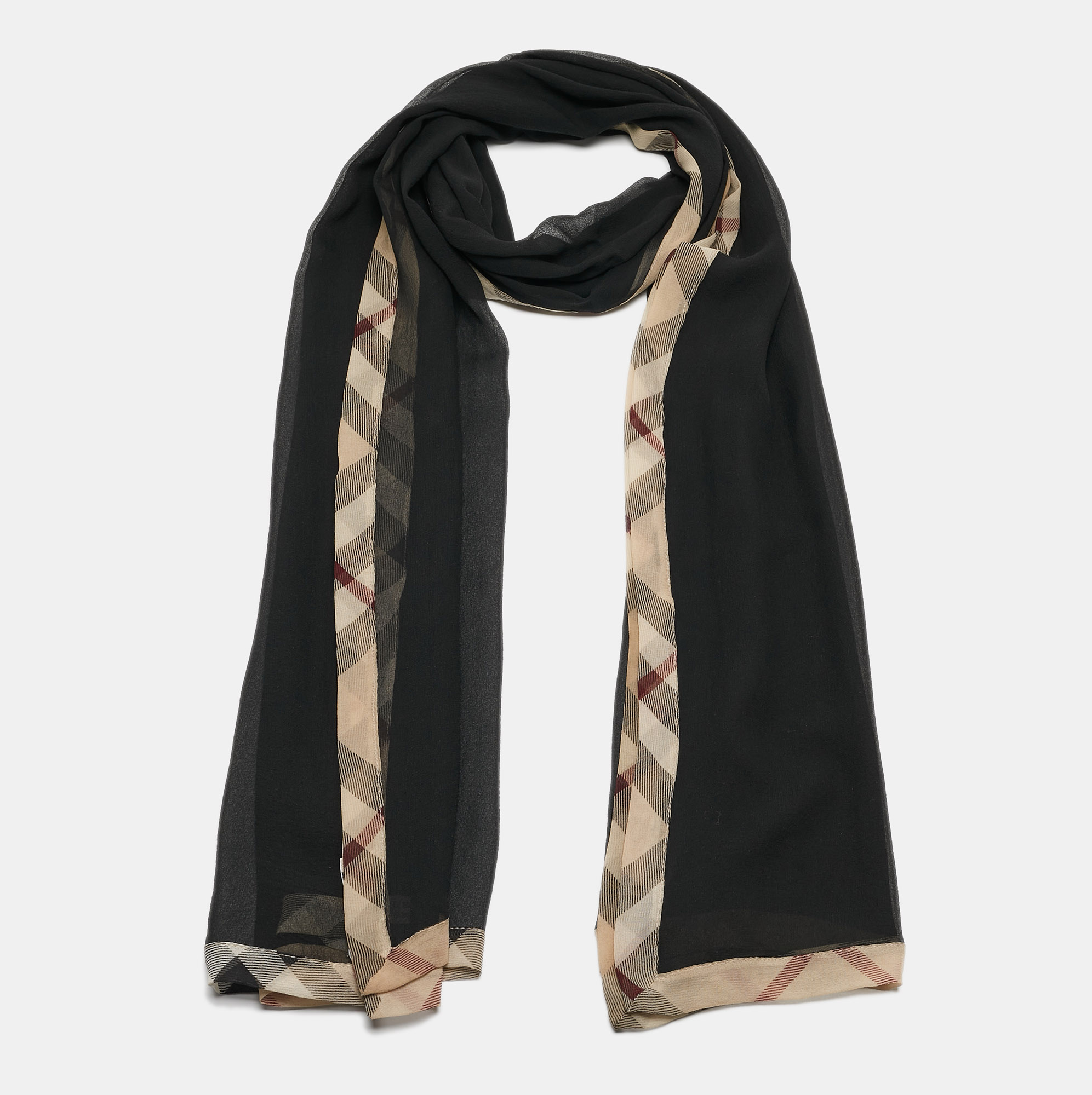 

Burberry Black Silk Checked Hem Detailed Scarf