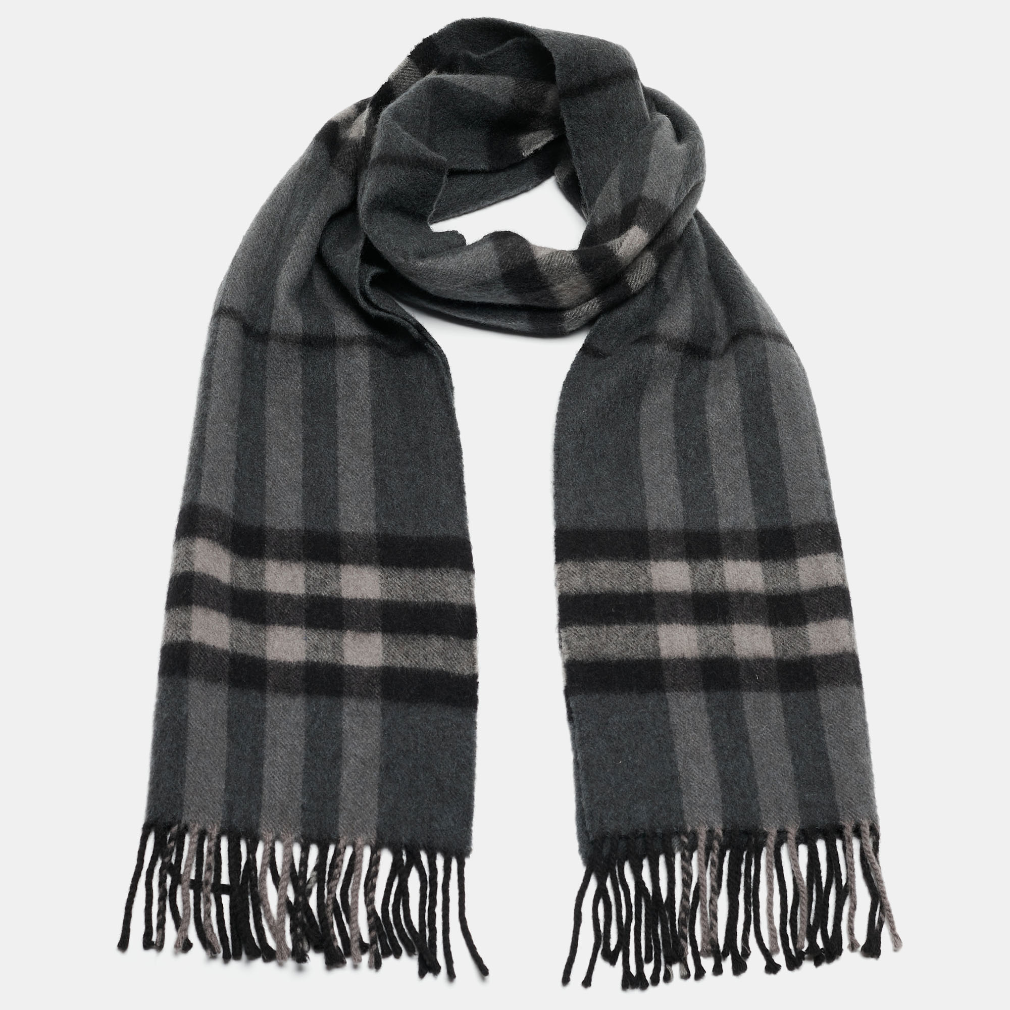 

Burberry Grey Check Patterned Cashmere Fringed Scarf