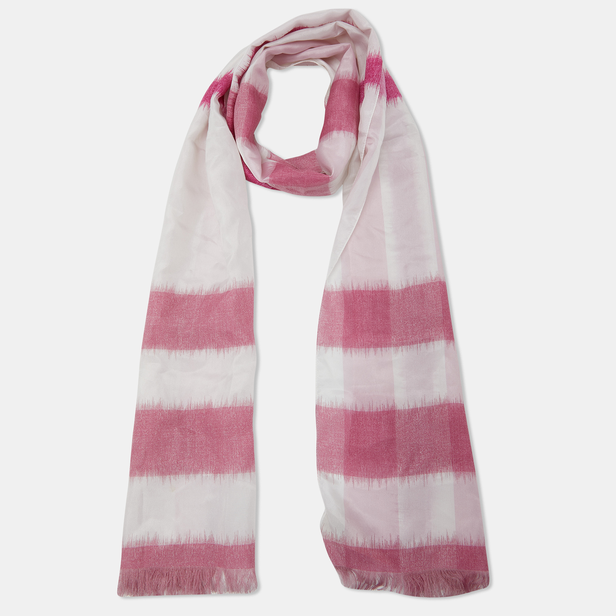 

Burberry Vintage Pink/White Horseferry Print Silk Fringed Scarf