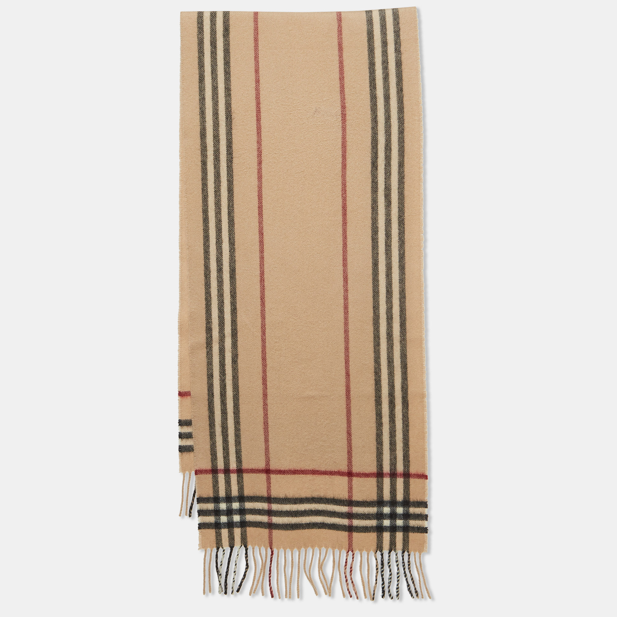 

Burberry Beige Checked Cashmere and Wool Fringed Muffler