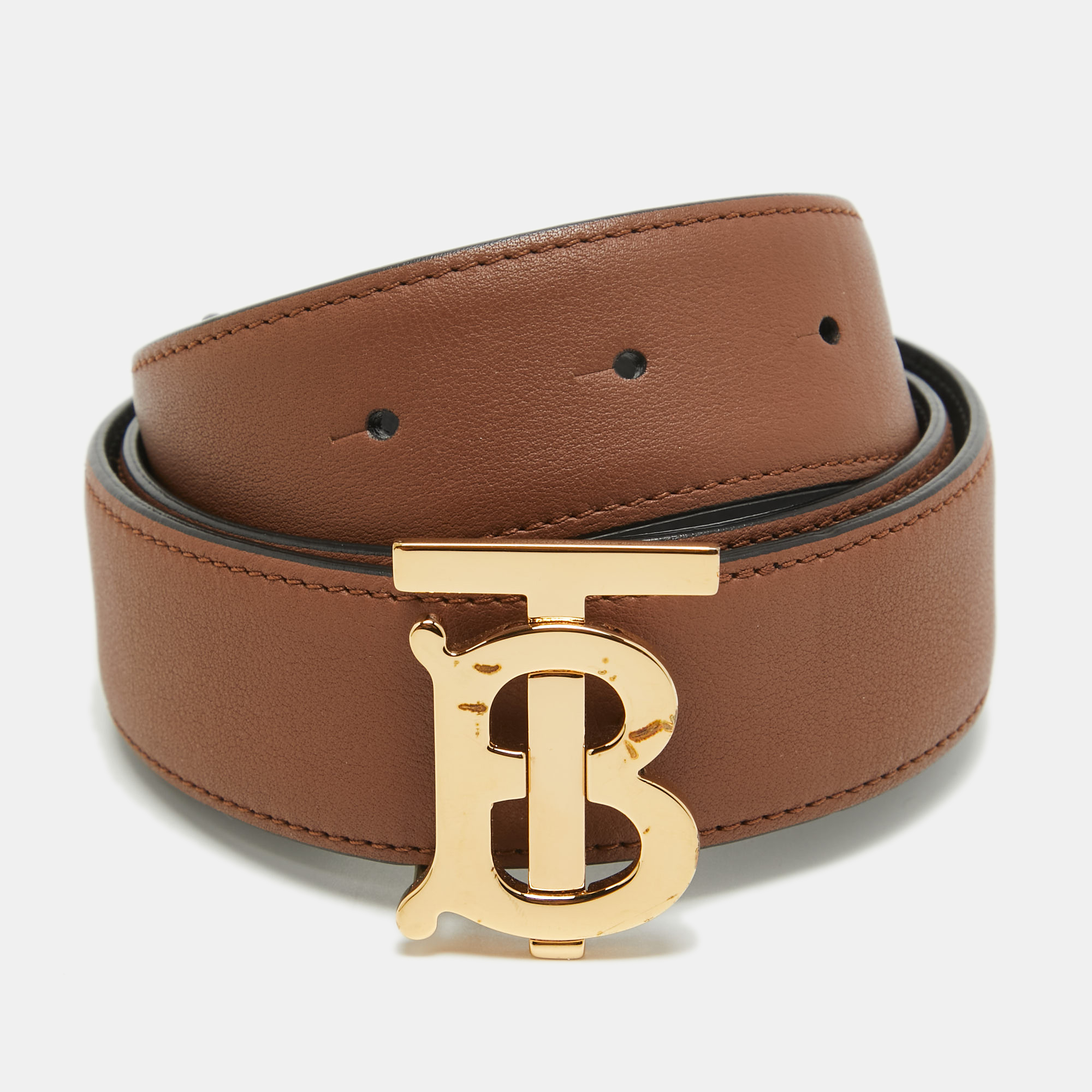 

Burberry Black Leather TB Logo Buckle Reversible Belt