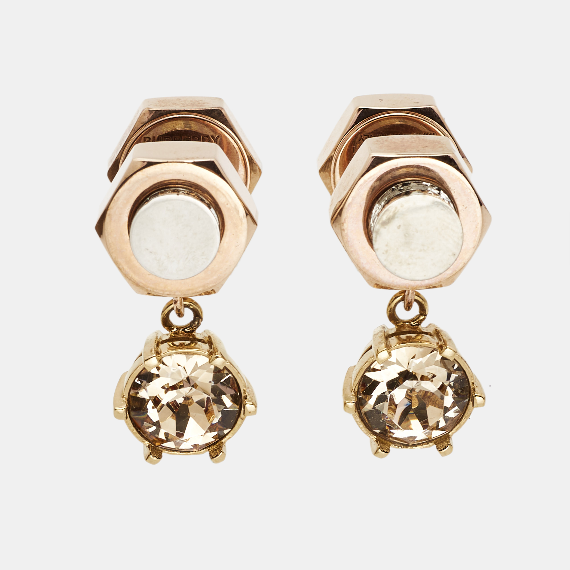 Pre-owned Burberry Crystal Nut & Bolt Two Tone Drop Earrings In Gold