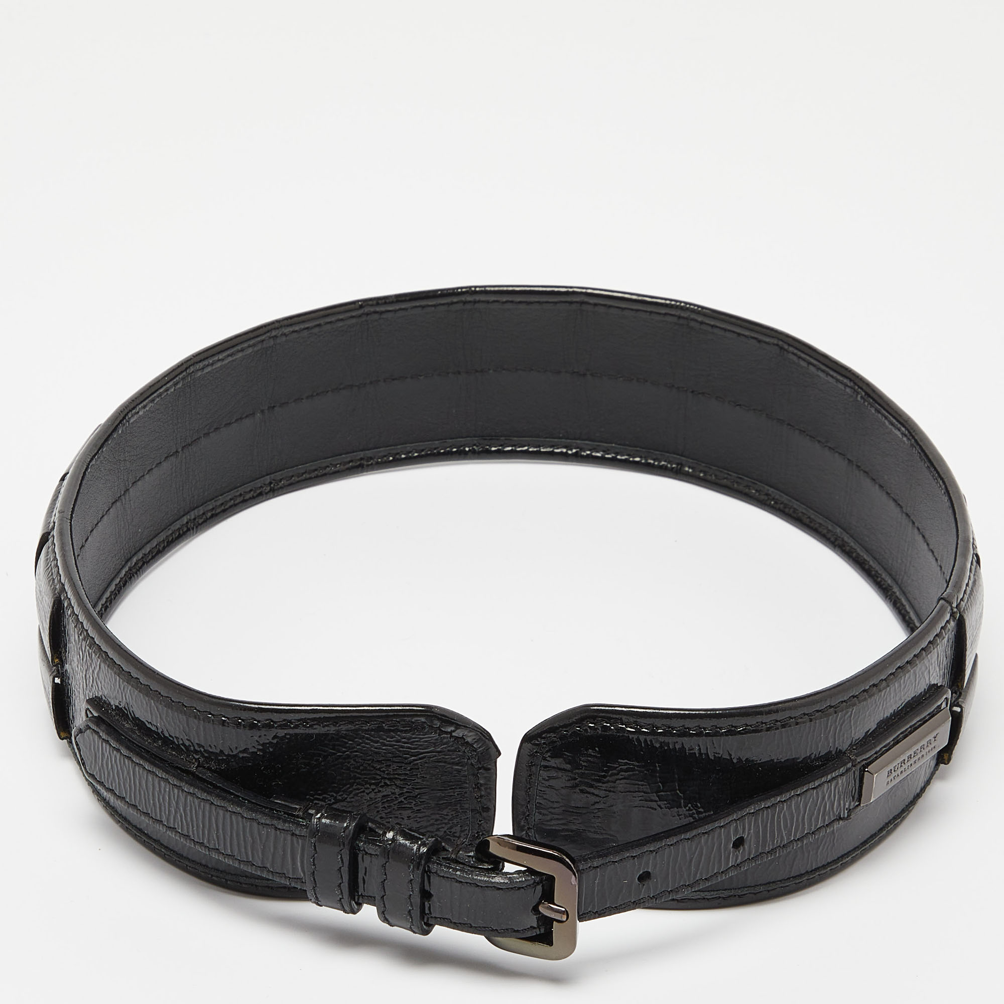 Pre-owned Burberry Black Patent Leather Buckle Waist Belt 70cm