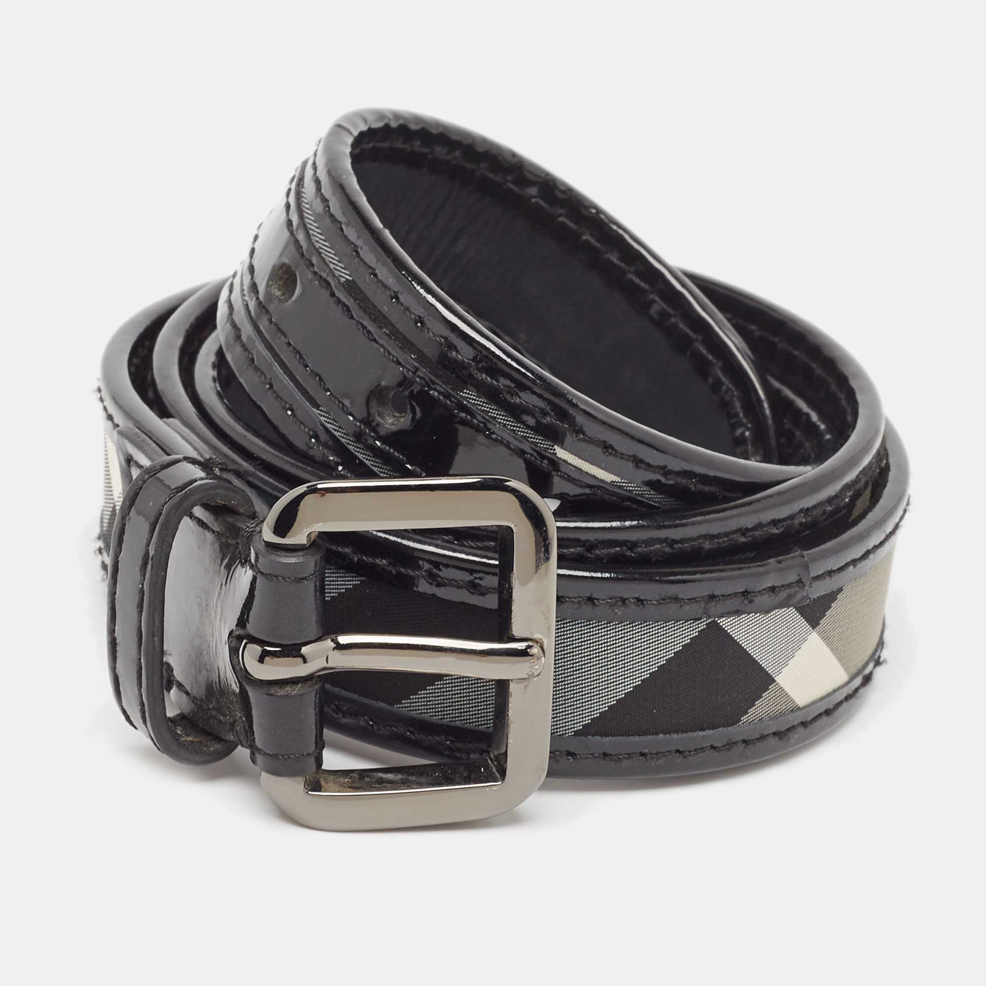 

Burberry Black Smoked Check Fabric and Patent Leather Buckle Belt