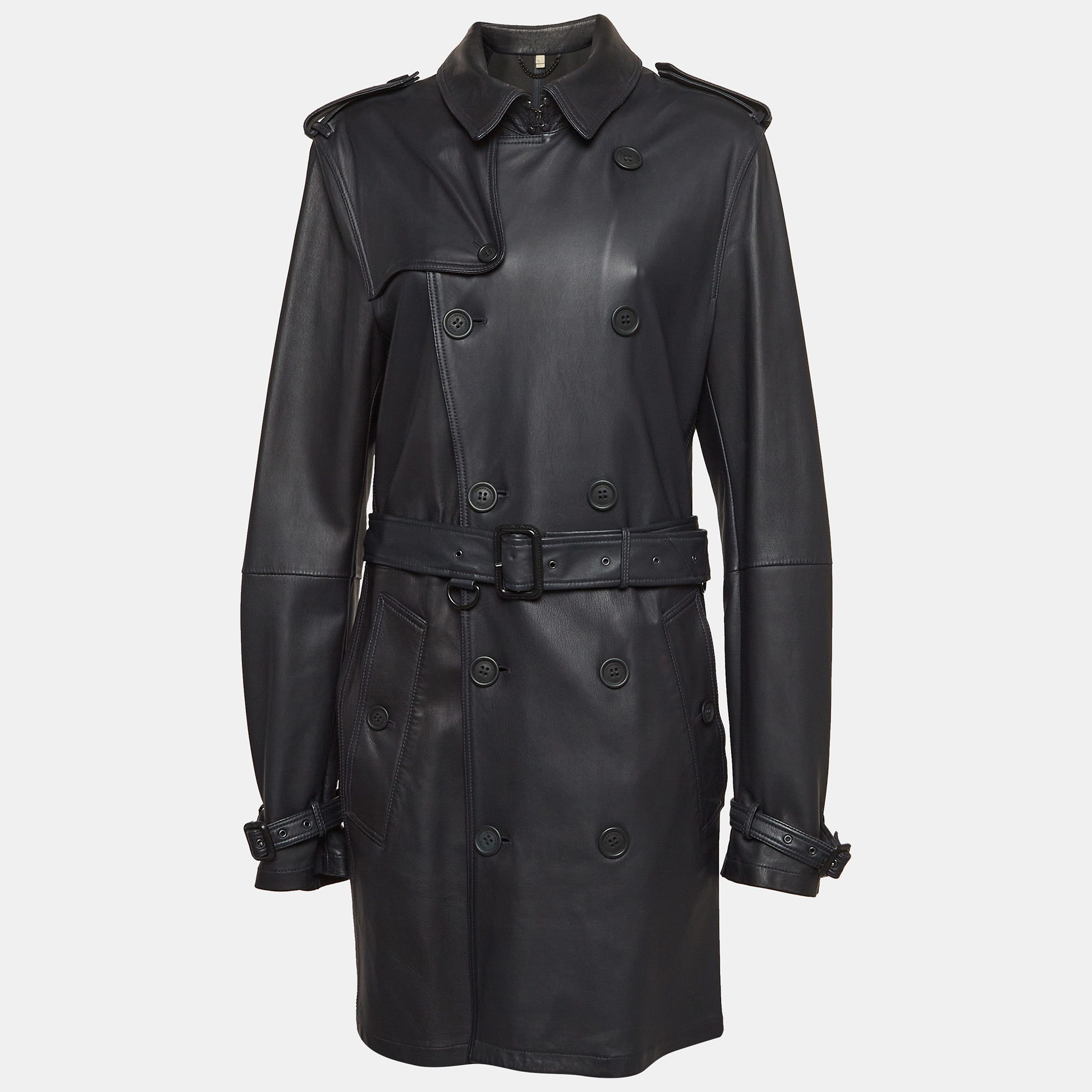 

Burberry Navy Blue Leather Belted Trench Coat L