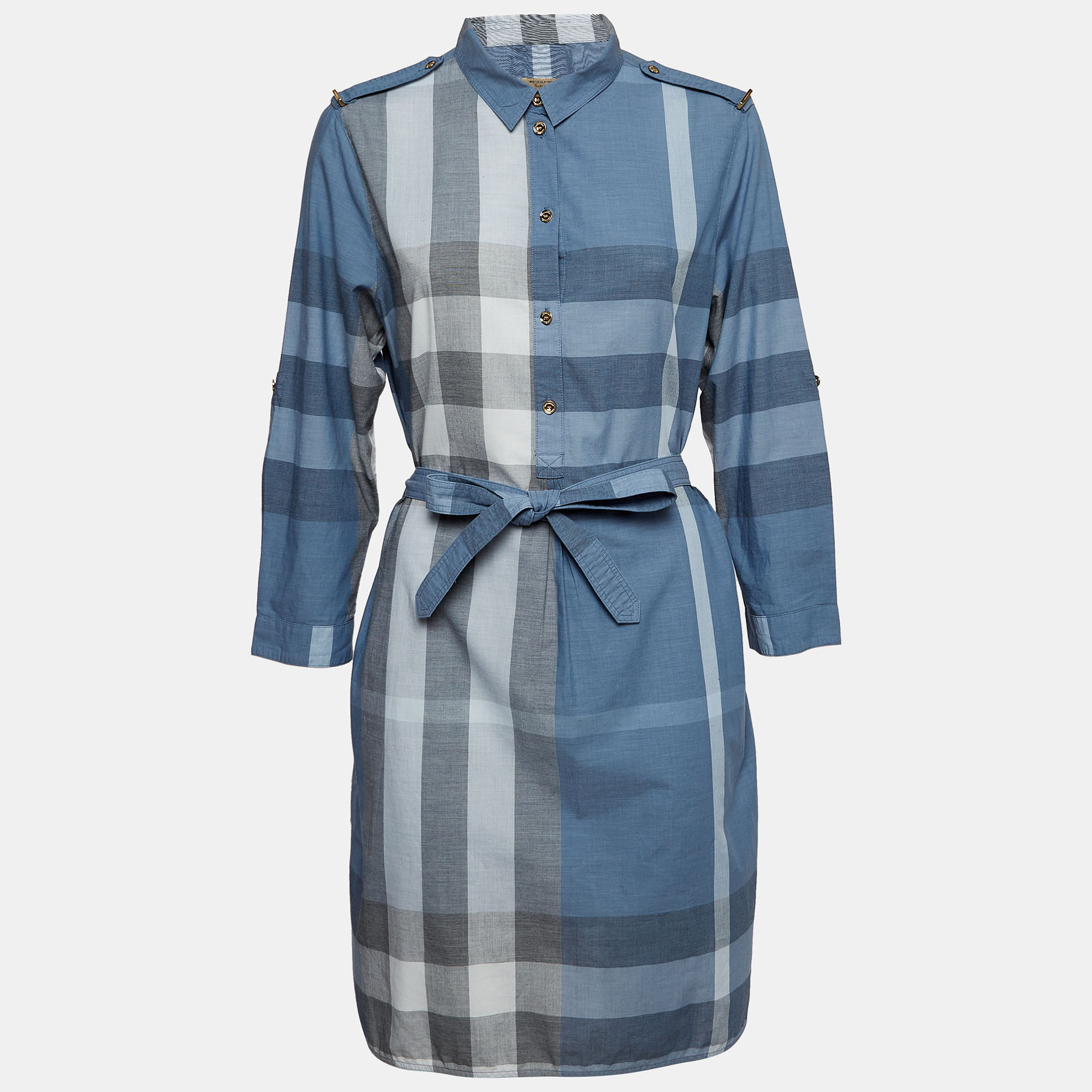 

Burberry Blue Novacheck Cotton Belted Short Dress L