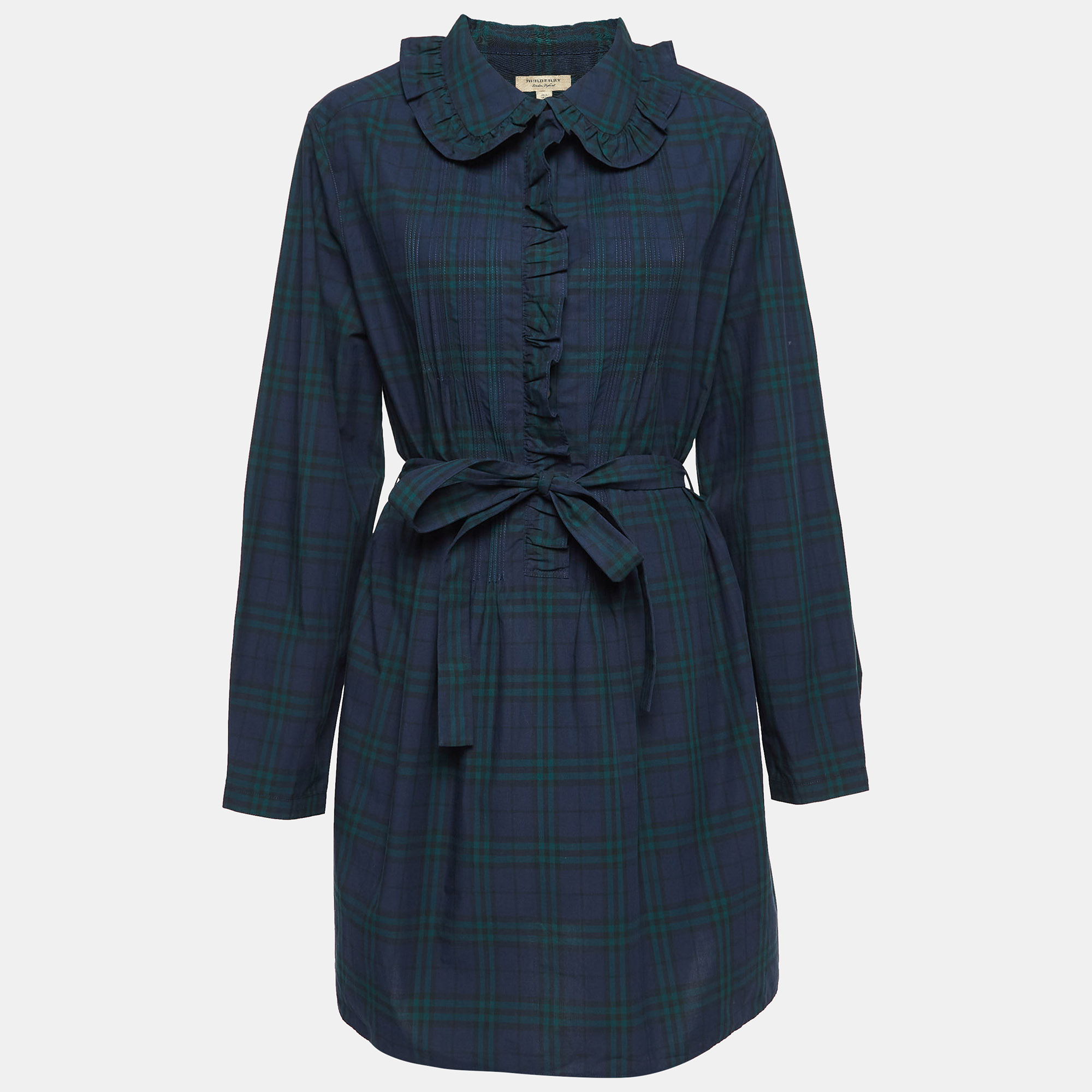 Pre-owned Burberry Navy Blue Plaid Cotton Ruffled Mini Dress L