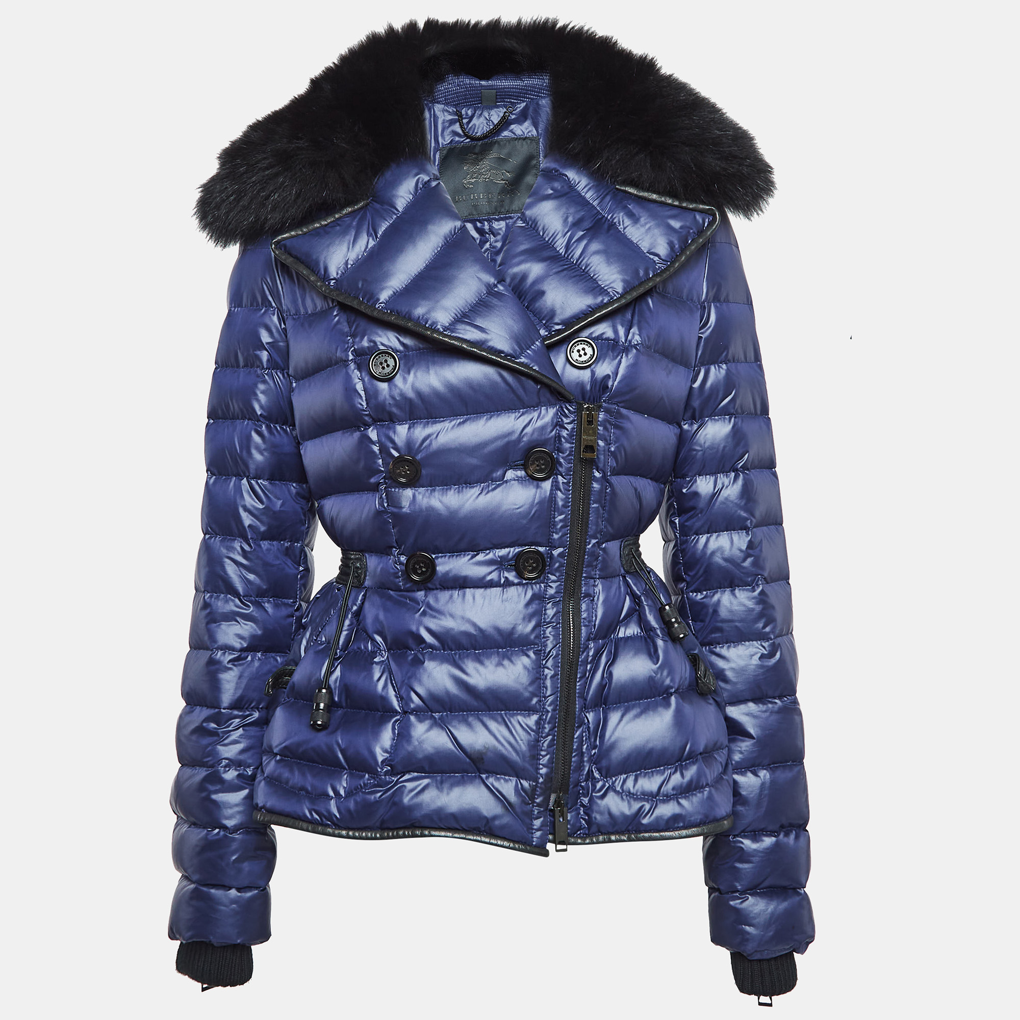 

Burberry Navy Blue Synthetic Detachable Fox Fur Collar Quilted Jacket S