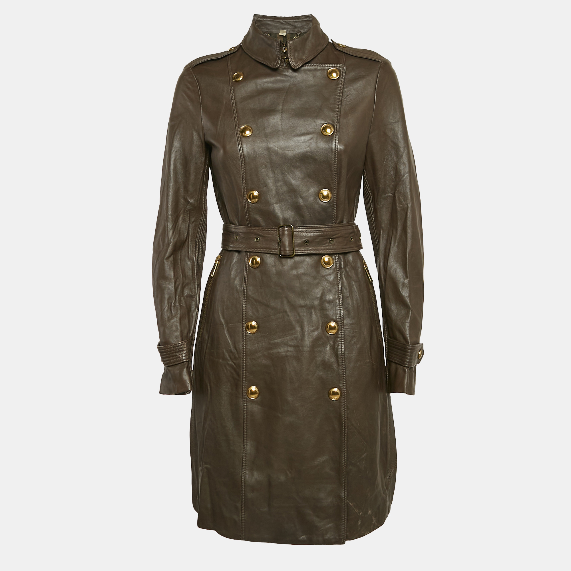 

Burberry Brown Leather Double Breasted Trench Coat S