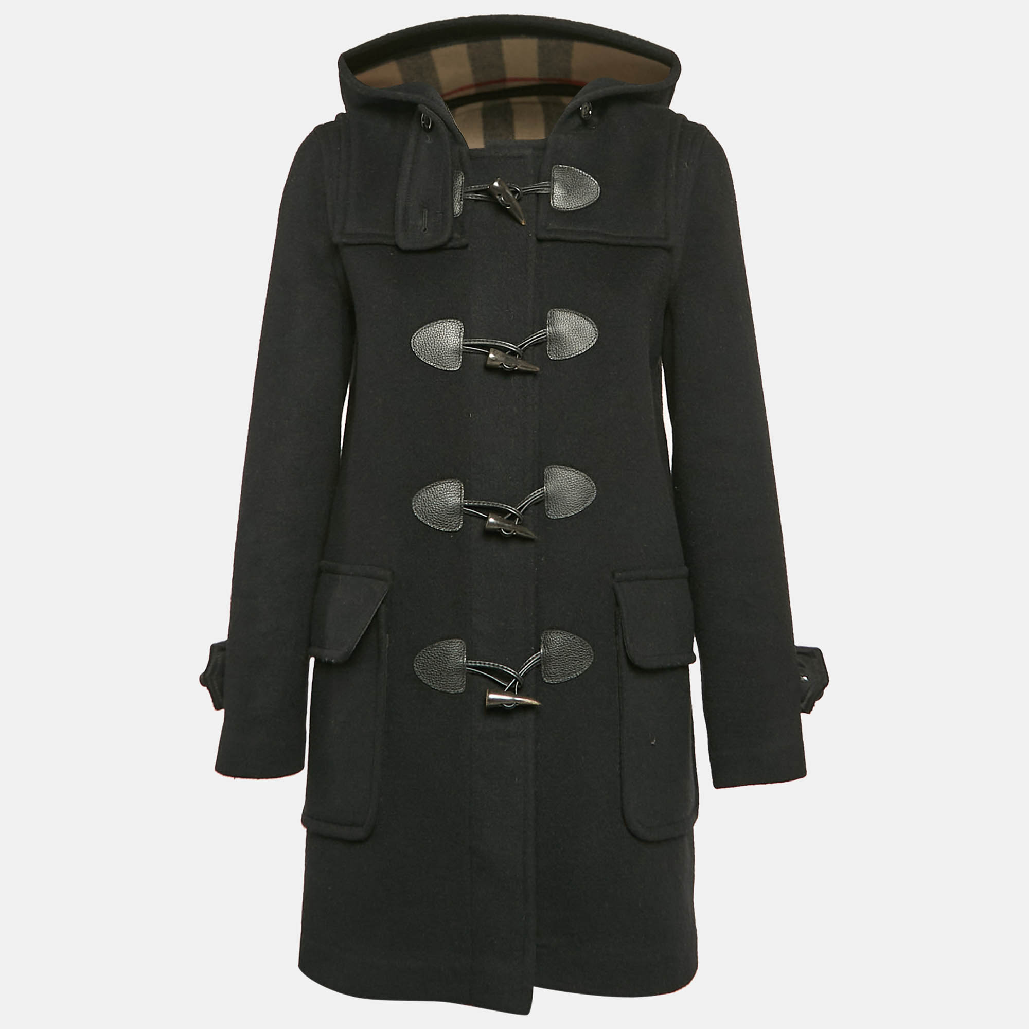 

Burberry Black Wool Button Front Hooded Duffle Coat S