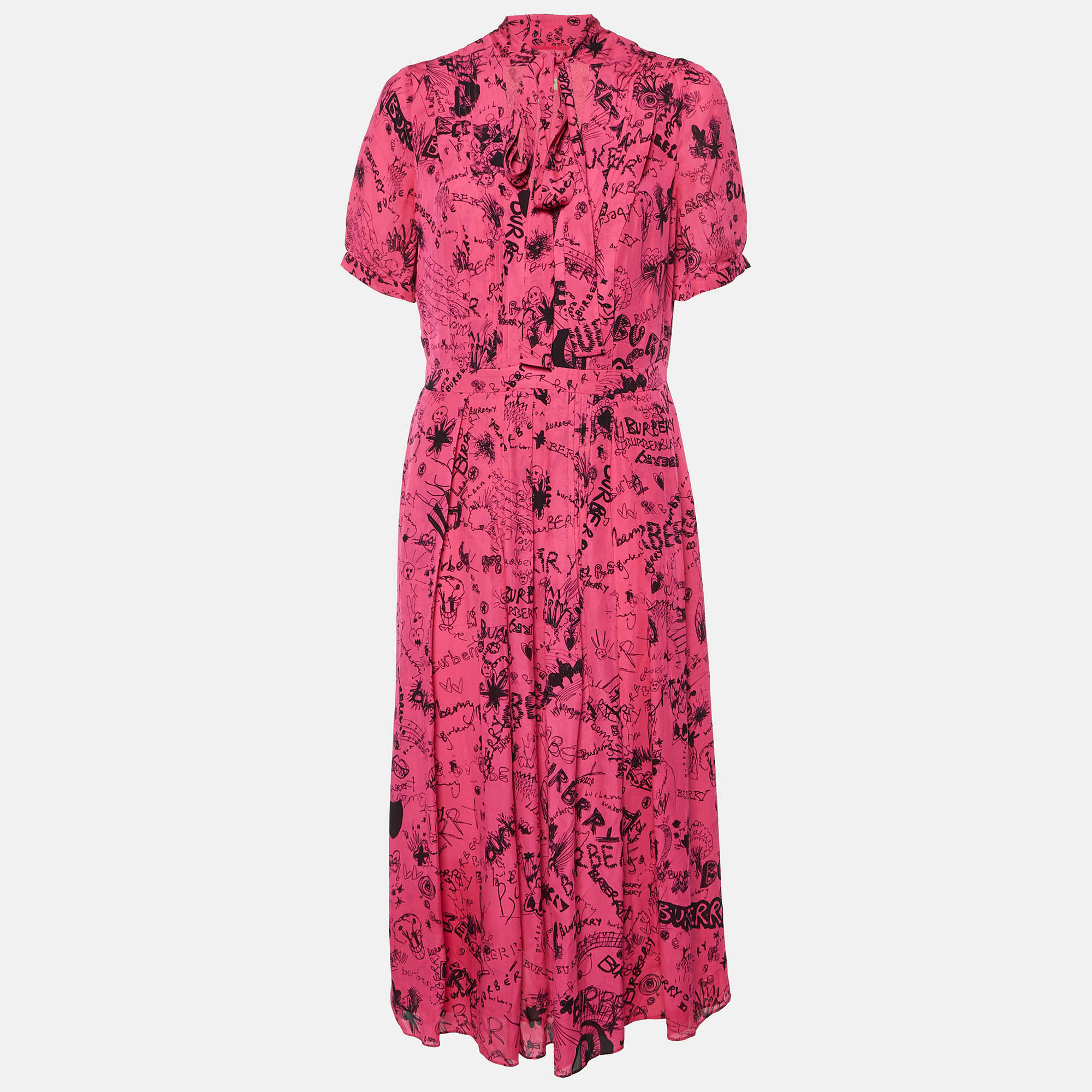 

Burberry Pink Antonina Doodle Print Silk Pleated Midi Dress M