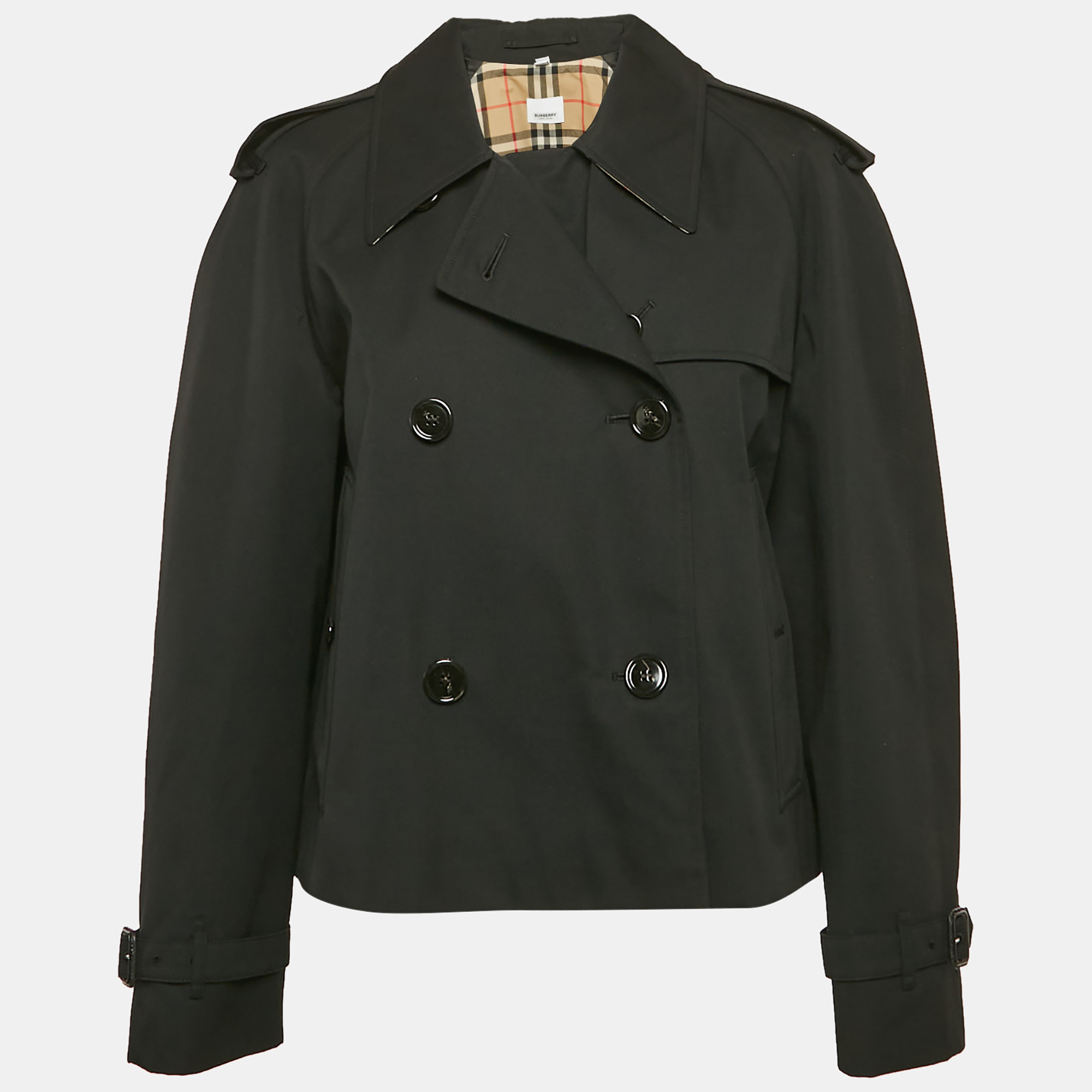 

Burberry Black Gabardine Double Breasted Crop Trench Coat M