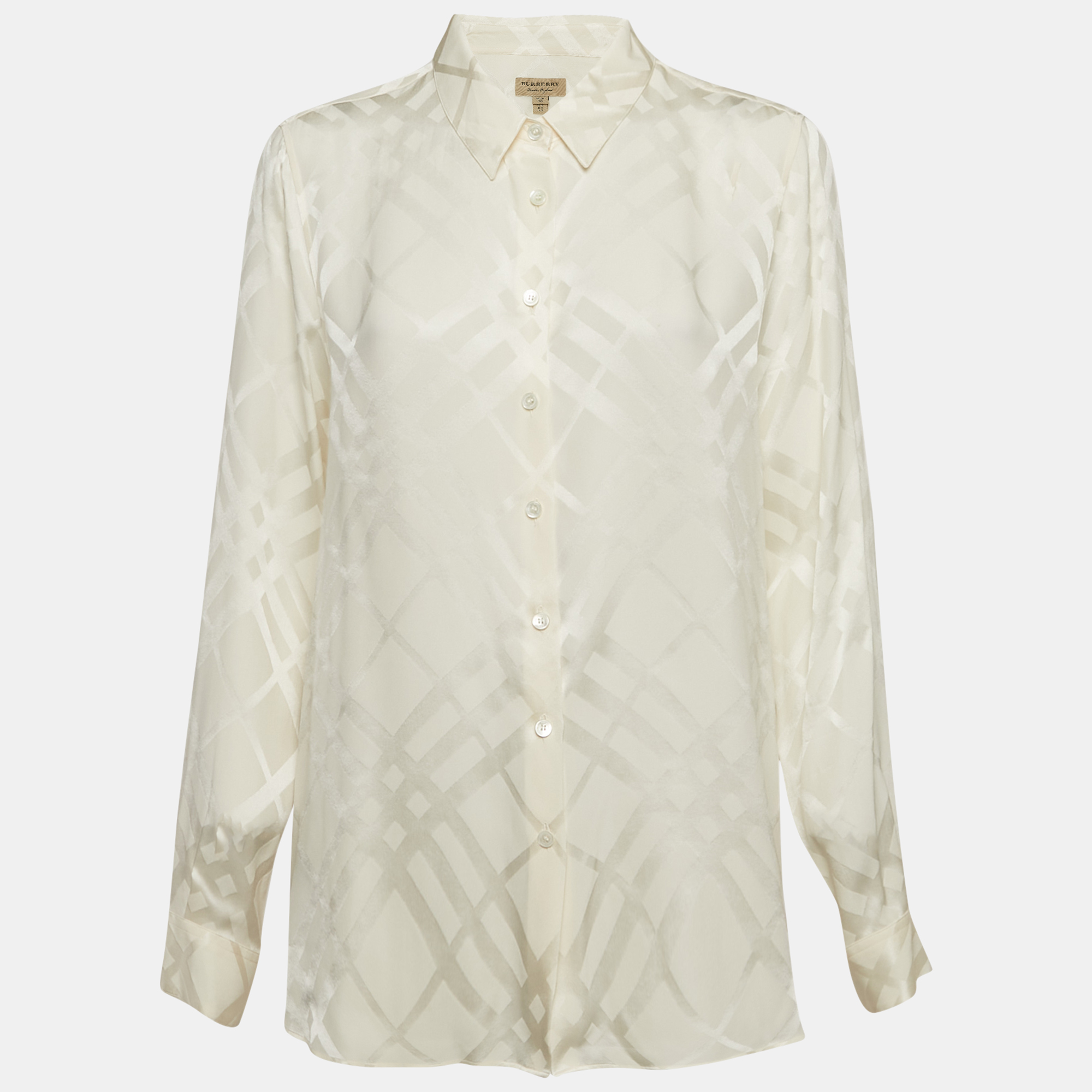 

Burberry Cream Checks Pattern Satin Silk Long Sleeve Shirt L