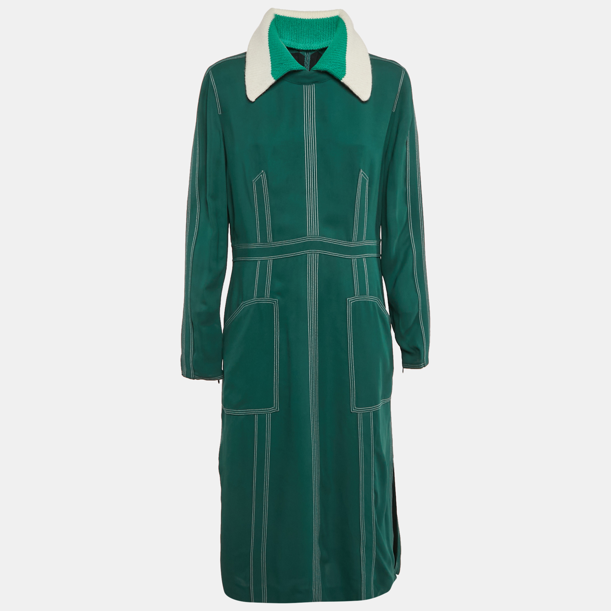 

Burberry Green Crepe Detachable Knit Collar Midi Dress L