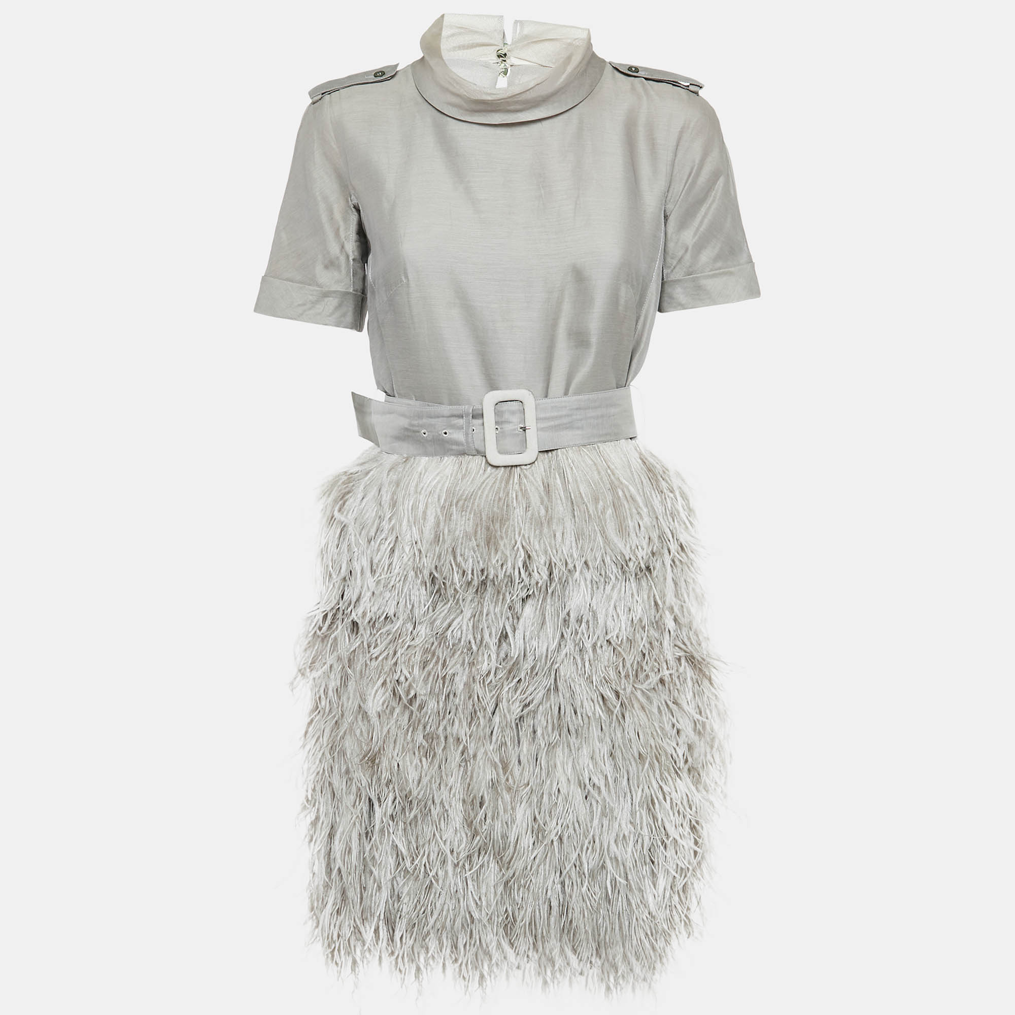 

Burberry Grey Cotton Blend Ostrich Feather Fringed Short Dress S