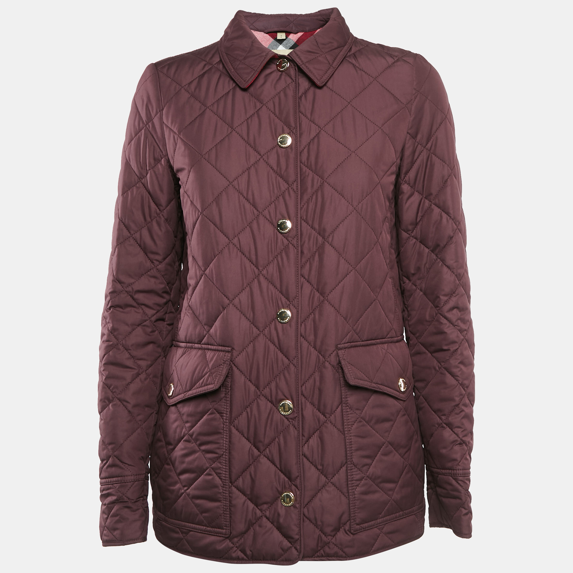 

Burberry Burgundy Nylon Button Front Diamond Quilted Jacket S