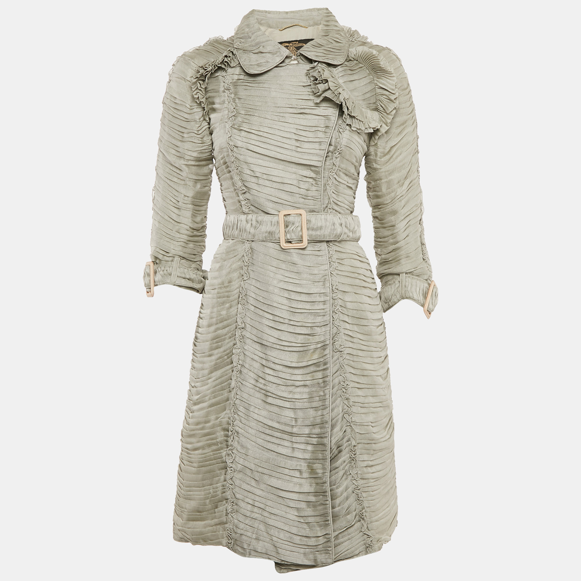 

Burberry Grey Silk Blend Ruffle Detail Belted Coat S