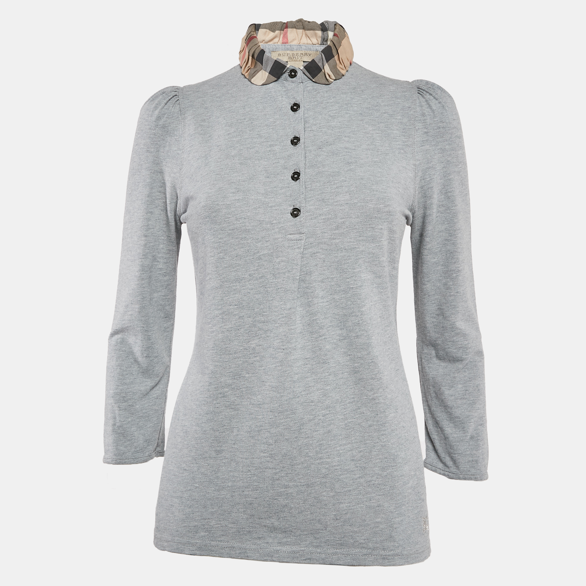 

Burberry Brit Checks Detail Collar Cotton Pique T-Shirt M, Grey