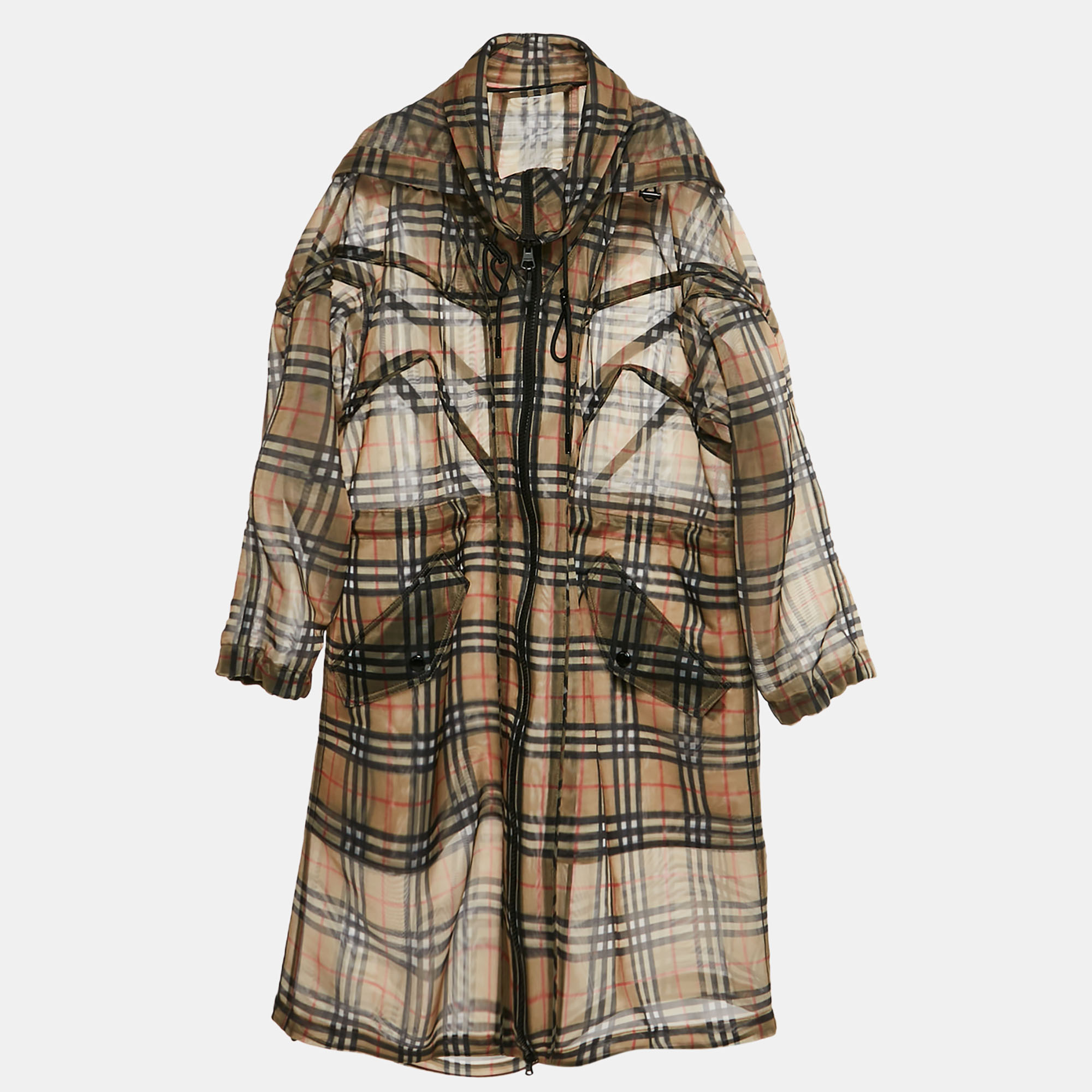 

Burberry Brown Tartan Check Tulle Zip-Up Parka Coat M