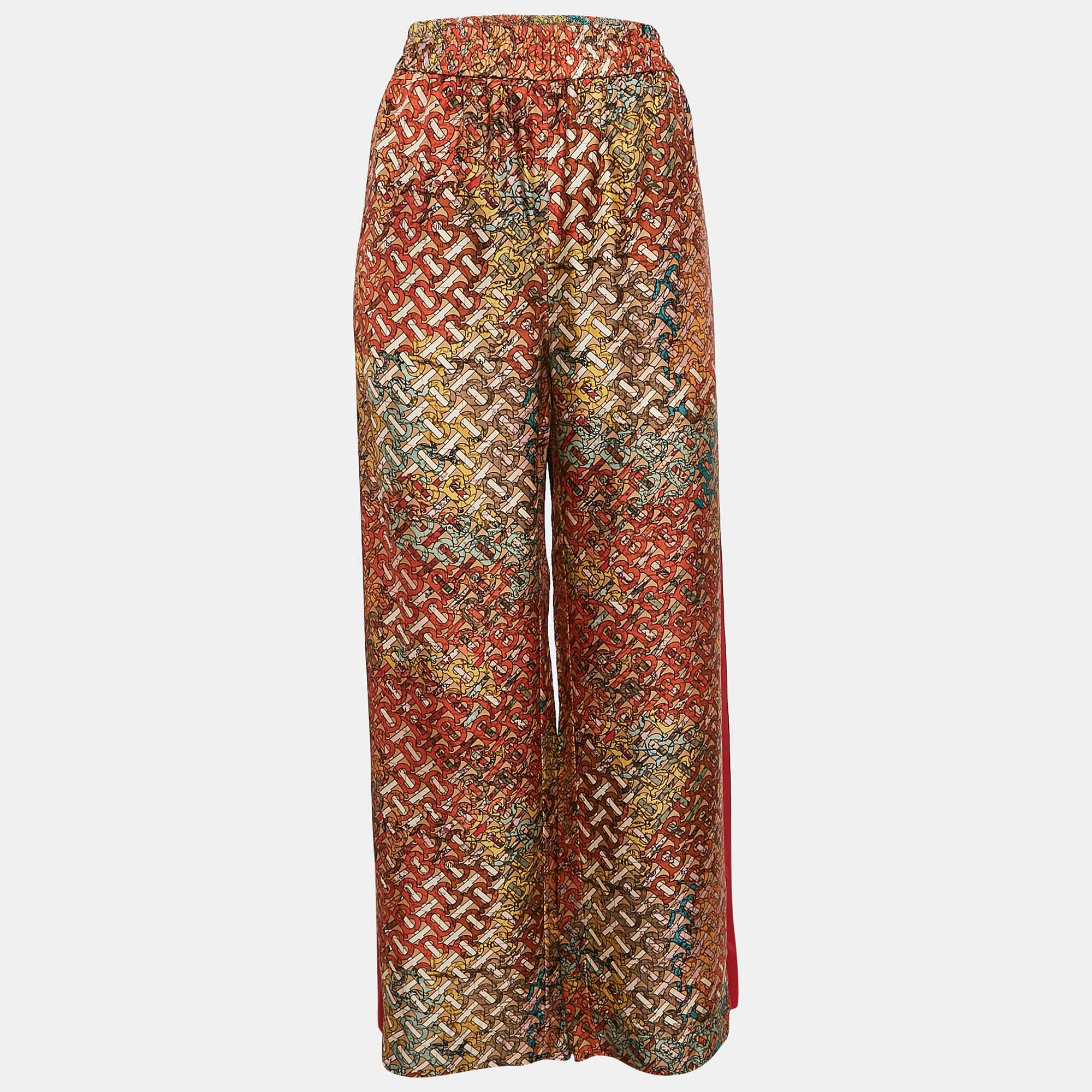 

Burberry Orange TB Monogram Silk Wide-Leg Pants M