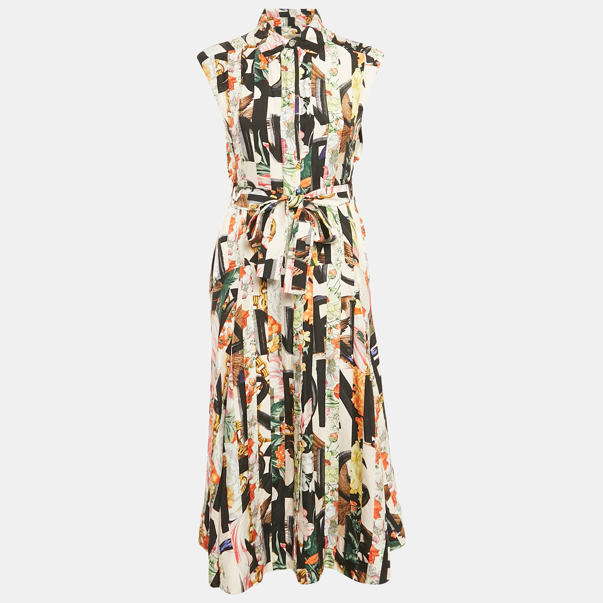 

Burberry Multicolor Printed Silk Button Front Belted Long Dress XXS