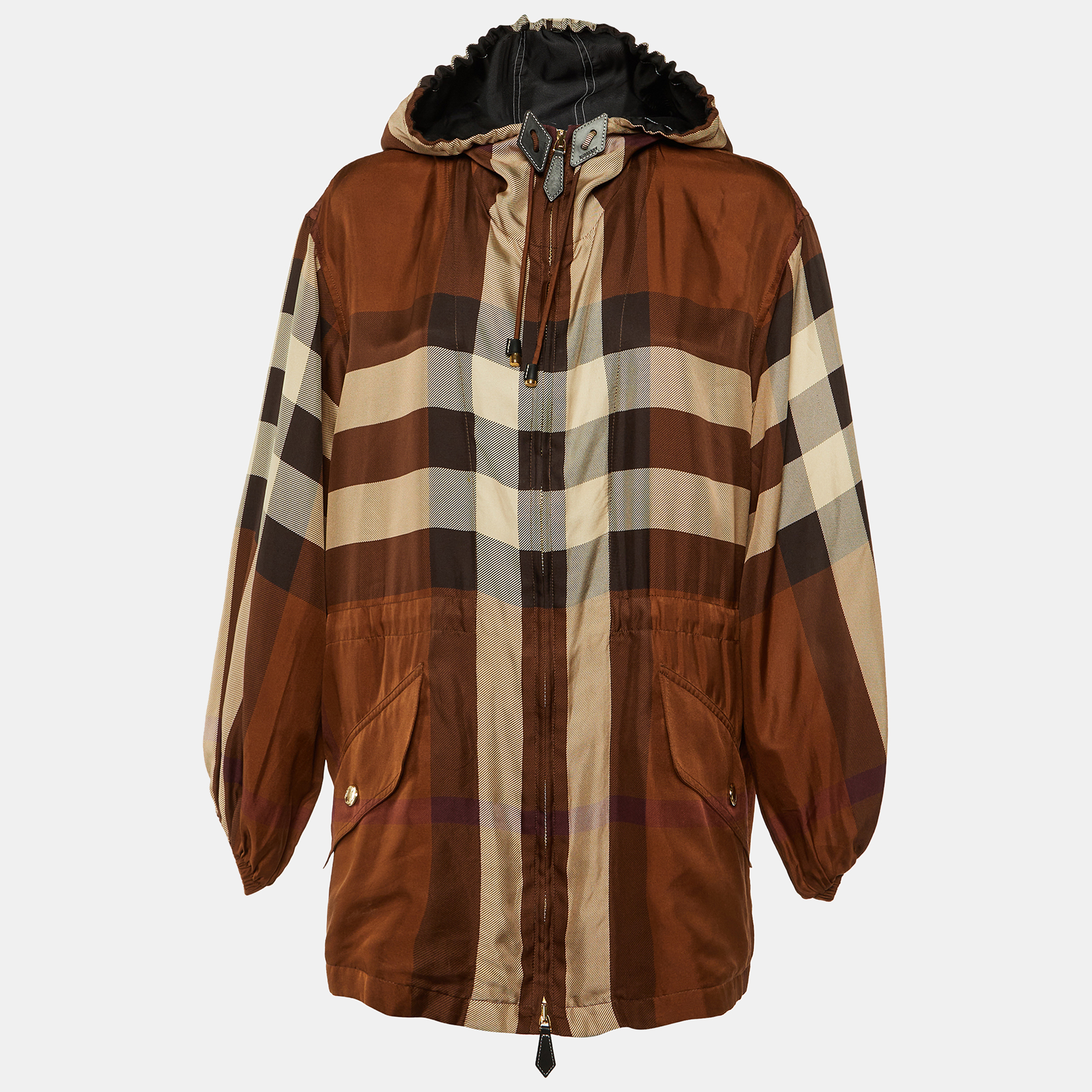 

Burberry Brown Check Print Silk Zip Up Hooded Jacket M