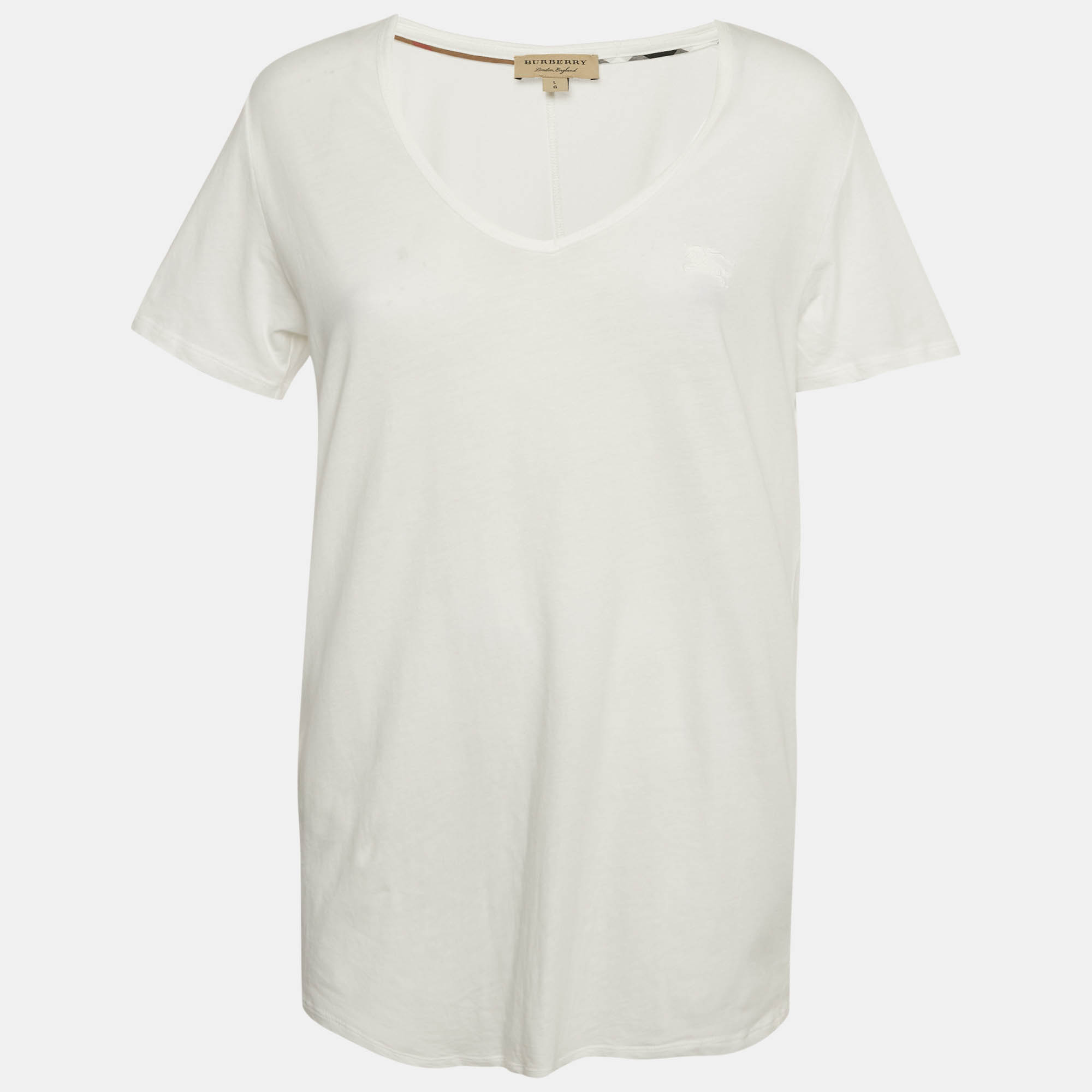

Burberry White Logo Embroidered Cotton V-Neck T-Shirt L