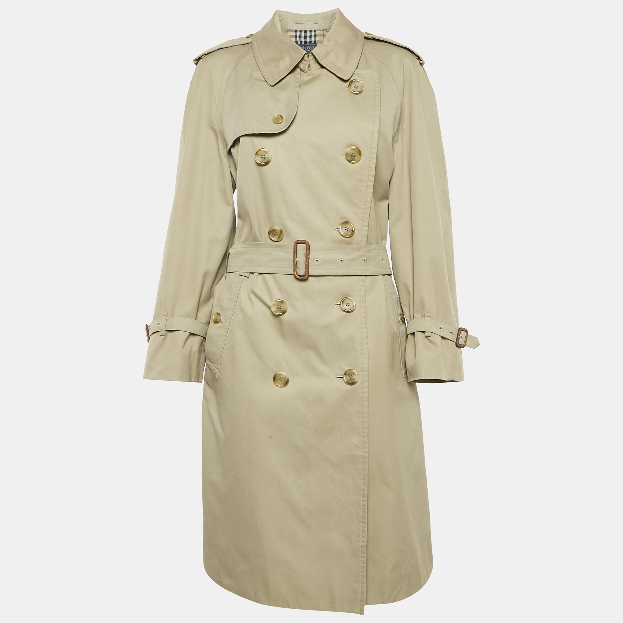 

Burberrys' Vintage Beige Cotton Double Breasted Belted Trench Coat L