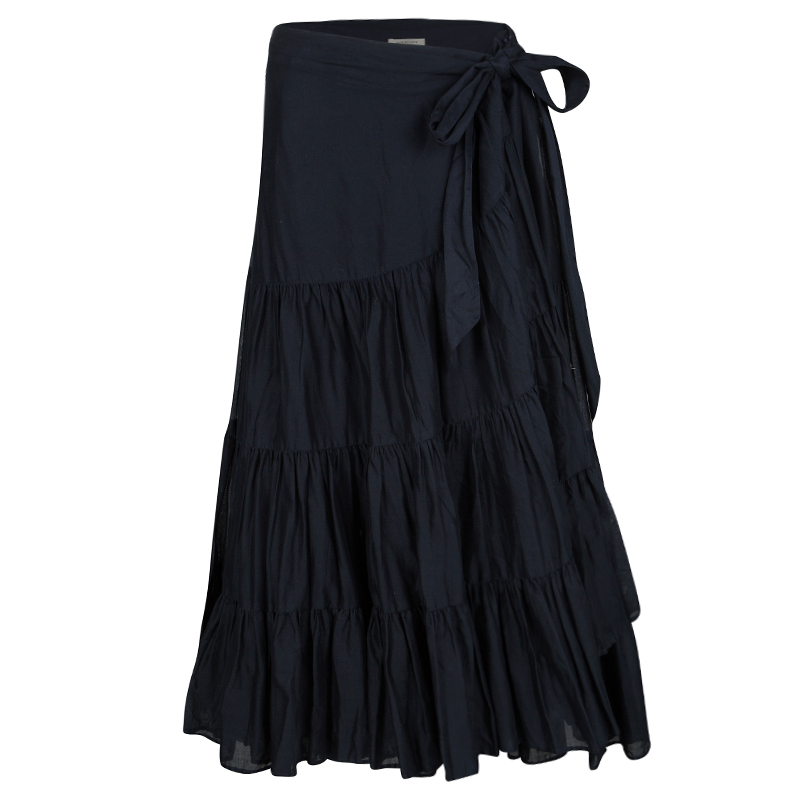 Burberry London Navy Blue Cotton Gathered Tiered Faux Wrap Skirt M Burberry  | TLC