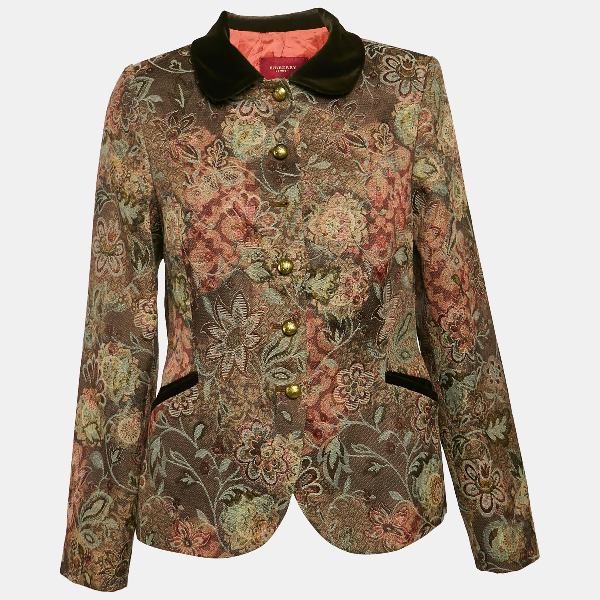 

Burberry Brown Floral Jacquard and Velvet Collar Jacket L