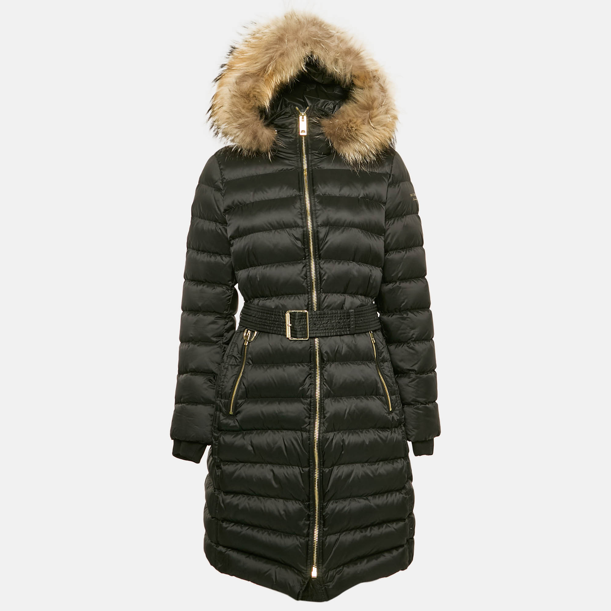 

Burberry Black Nylon Real Fur Trim Limefield Down Coat L