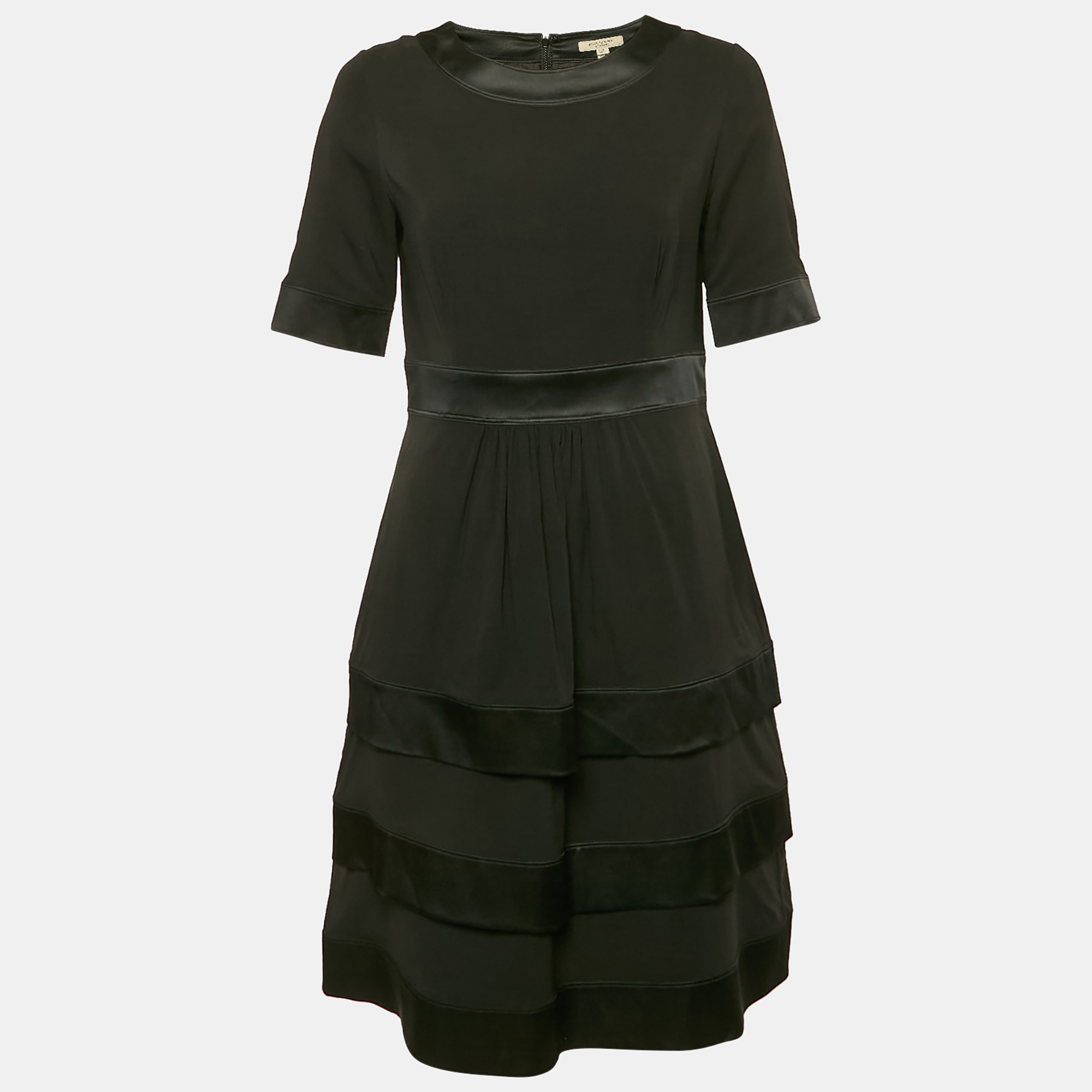 

Burberry Black Satin Trim Silk Tiered Mini Dress S