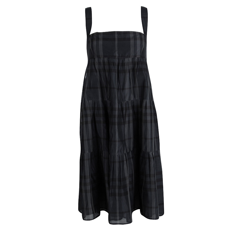 Pre Owned فستان بربري لندن حرير قطن كاروهات أزرق كحلي طبقات بلا أكمام M