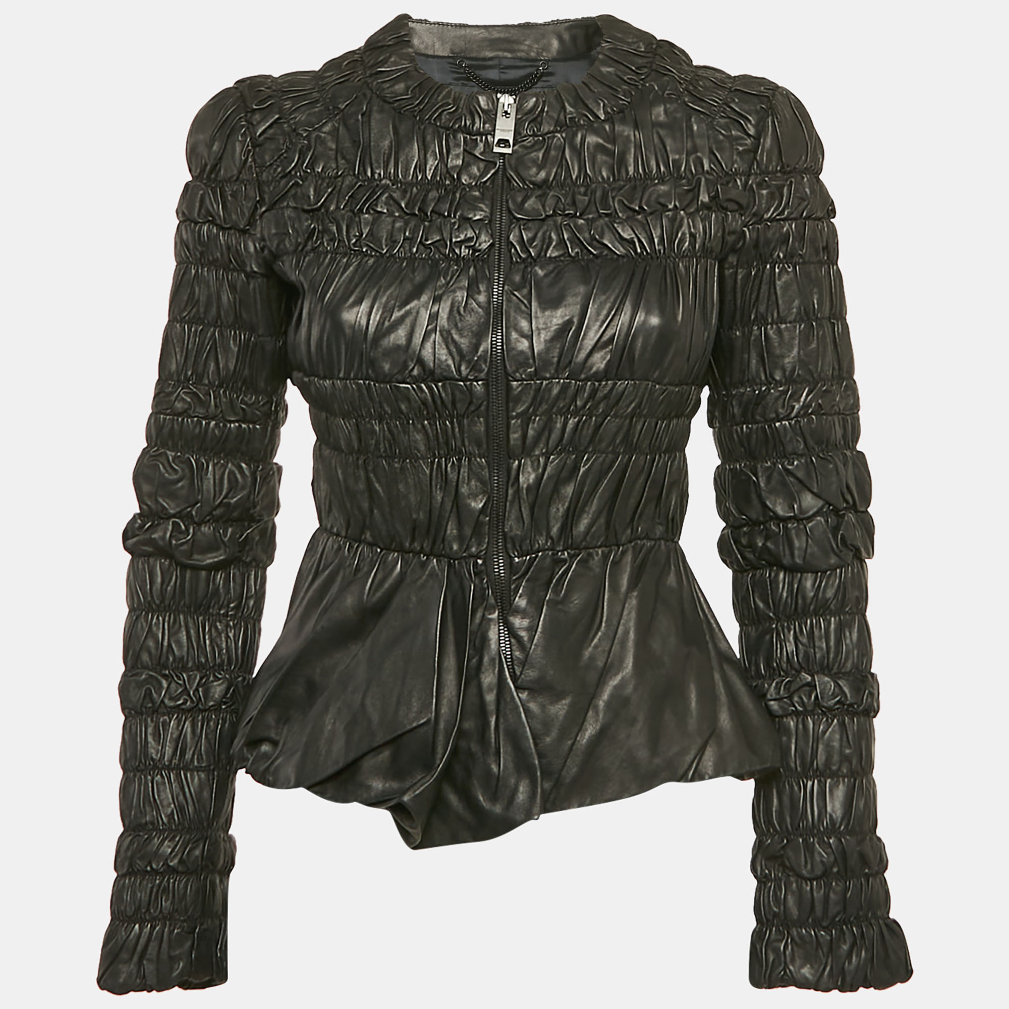 

Burberry Black Leather Ruched Zip-Up Jacket S