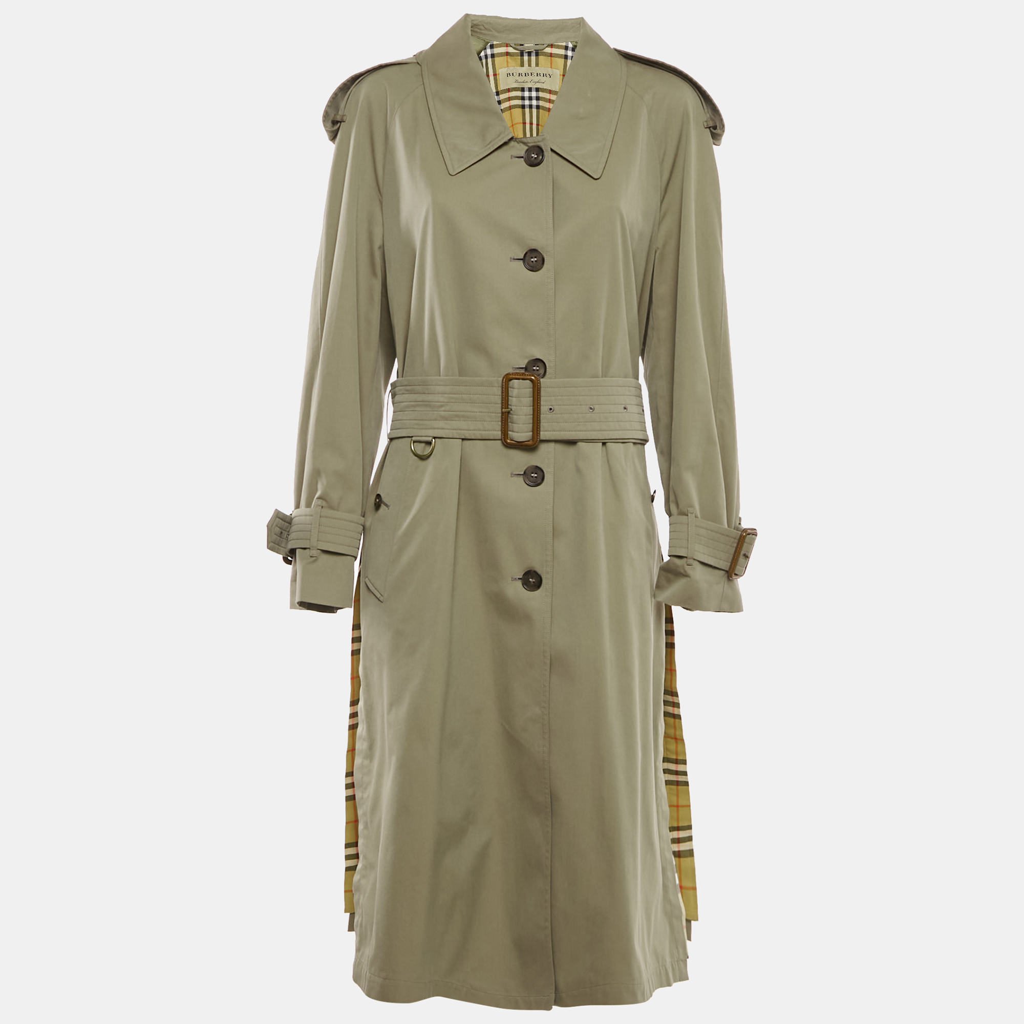 

Burberry Green Gabardine Belted Long Coat L