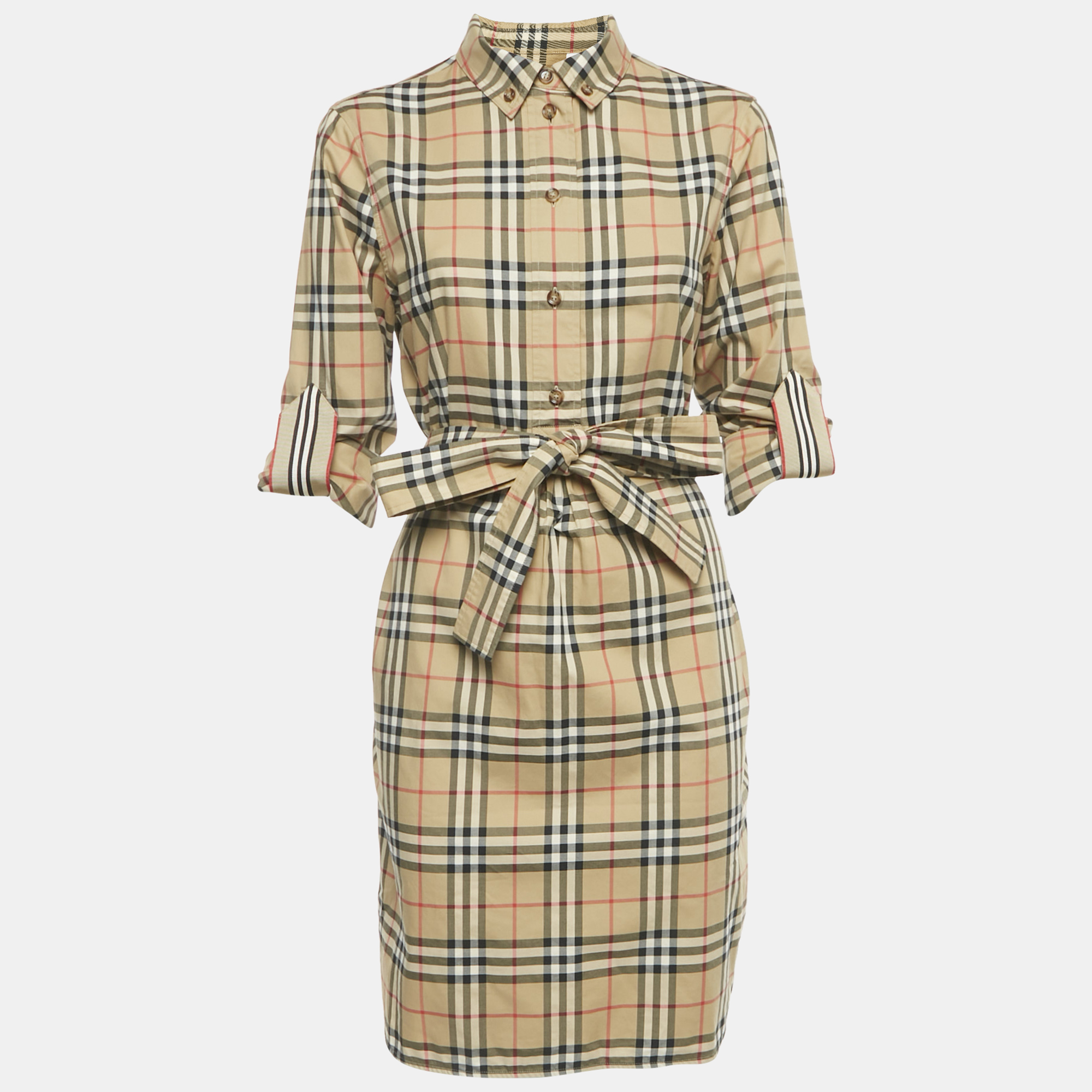 

Burberry Beige Tartan Check Cotton Button Front Belted Short Dress M