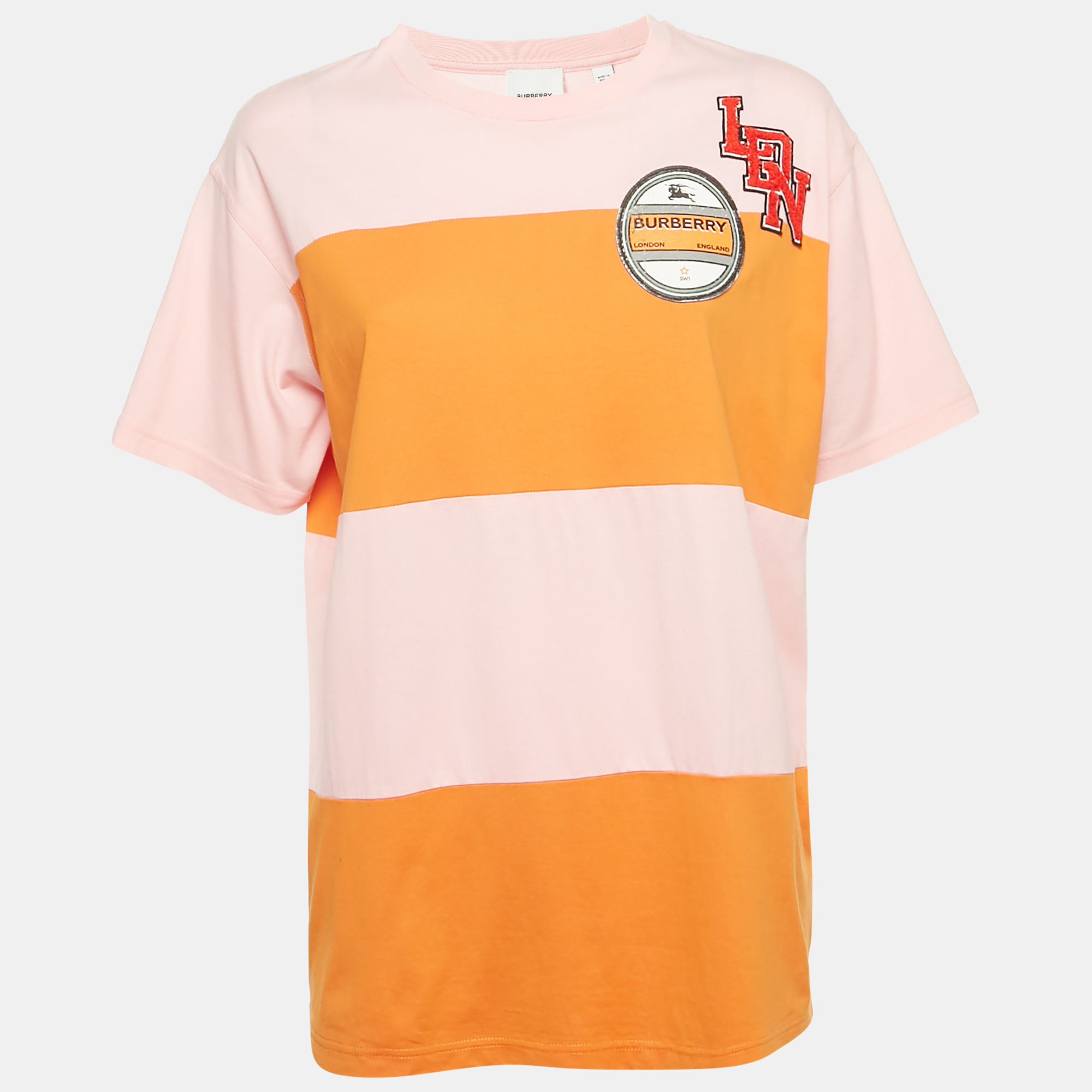 Burberry Pink/Orange Logo Applique Cotton Crew Neck T- Shirt S